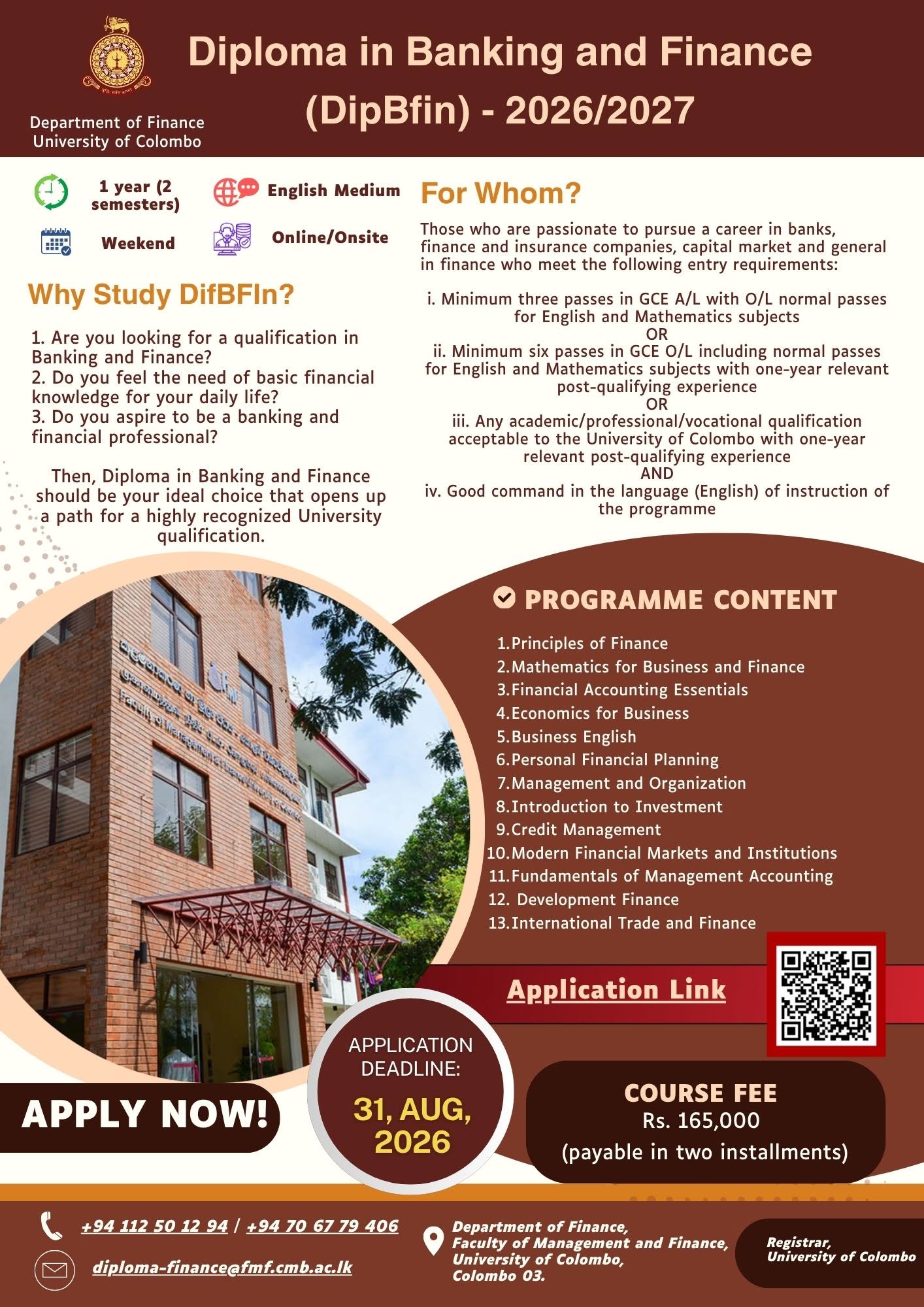 Diploma in Banking and Finance 2026/2027 - University of Colombo