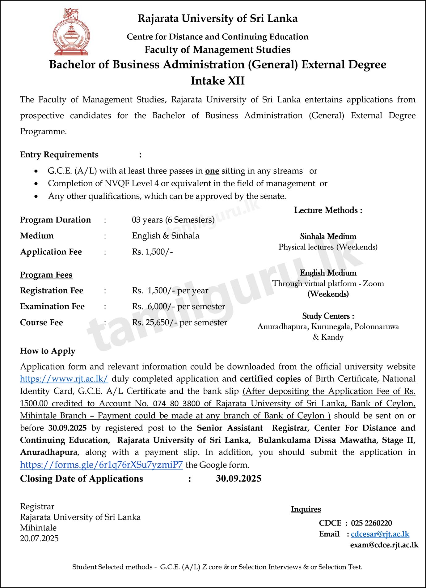 Bachelor of Business Administration (BBA) External Degree Programme 2025 - Rajarata University