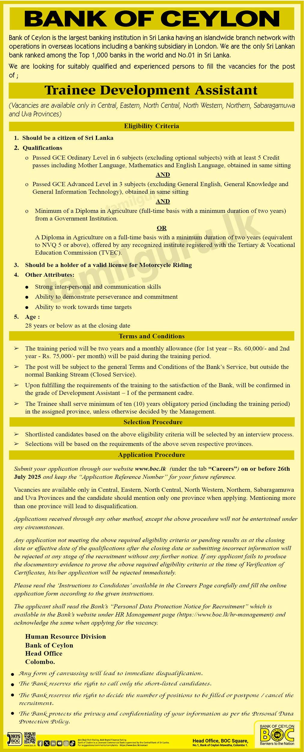 BOC Bank Trainee Development Assistant Vacancies 2025