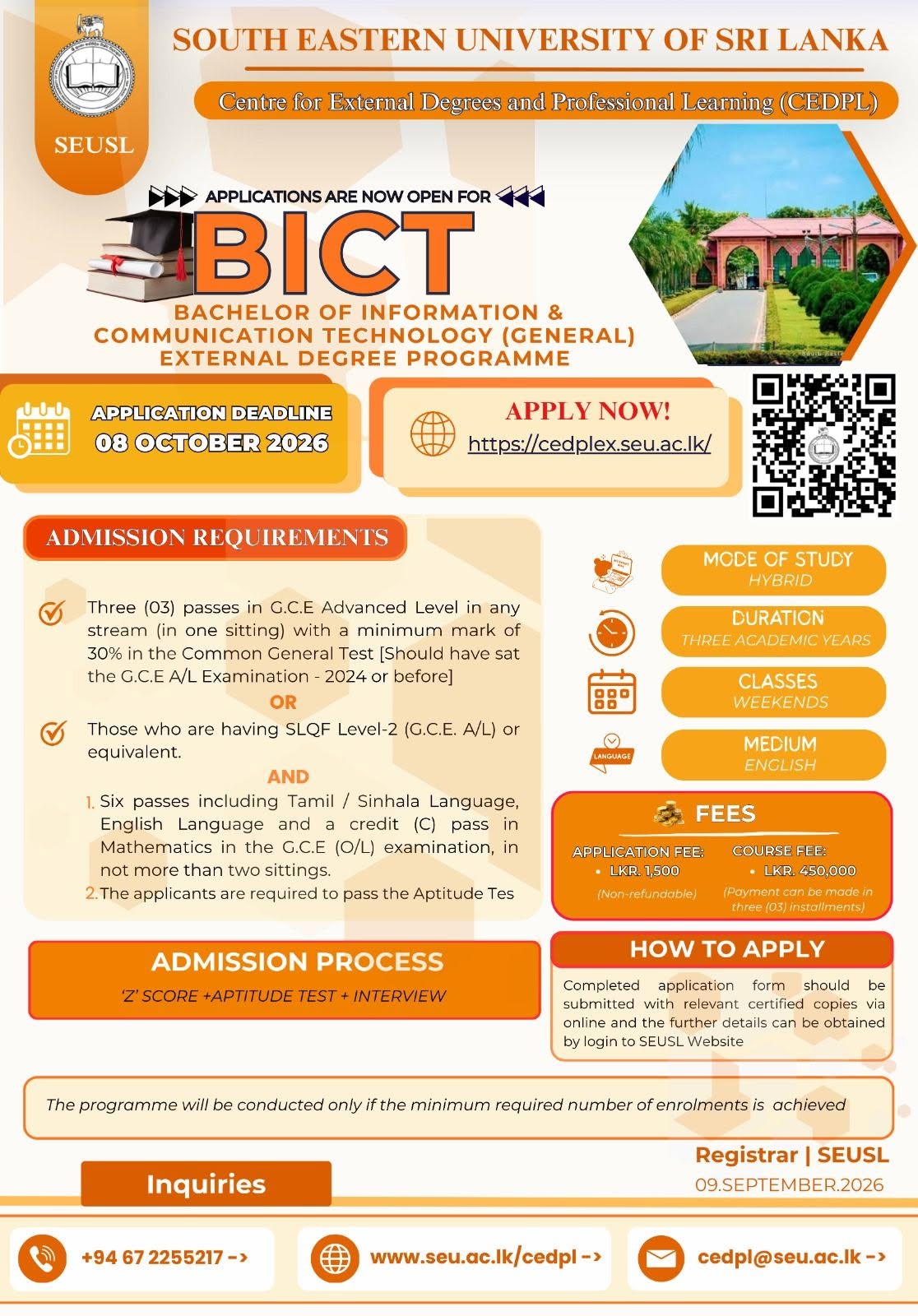 BICT External Degree Application 2026 - South Eastern University (SEUSL)