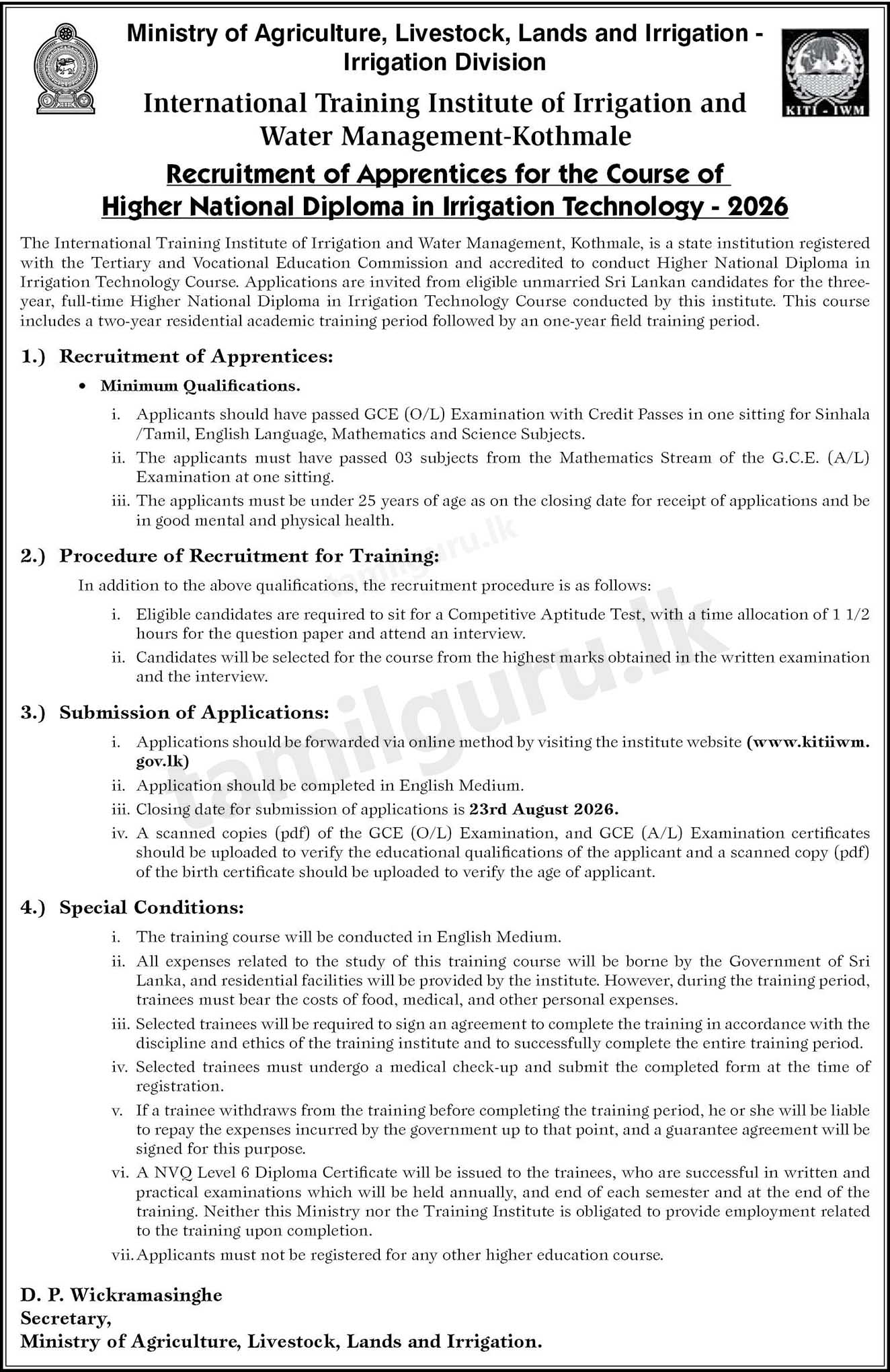 HND in Irrigation Technology (2026 Intake Application) at KITI-IWM