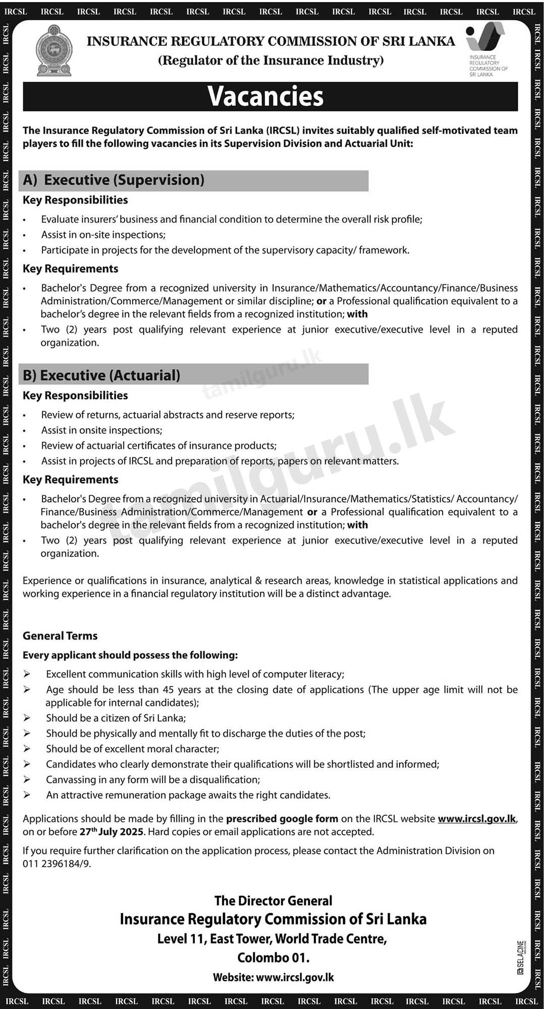 Insurance Regulatory Commission (IRCSL) Executive Vacancies - 2025 July