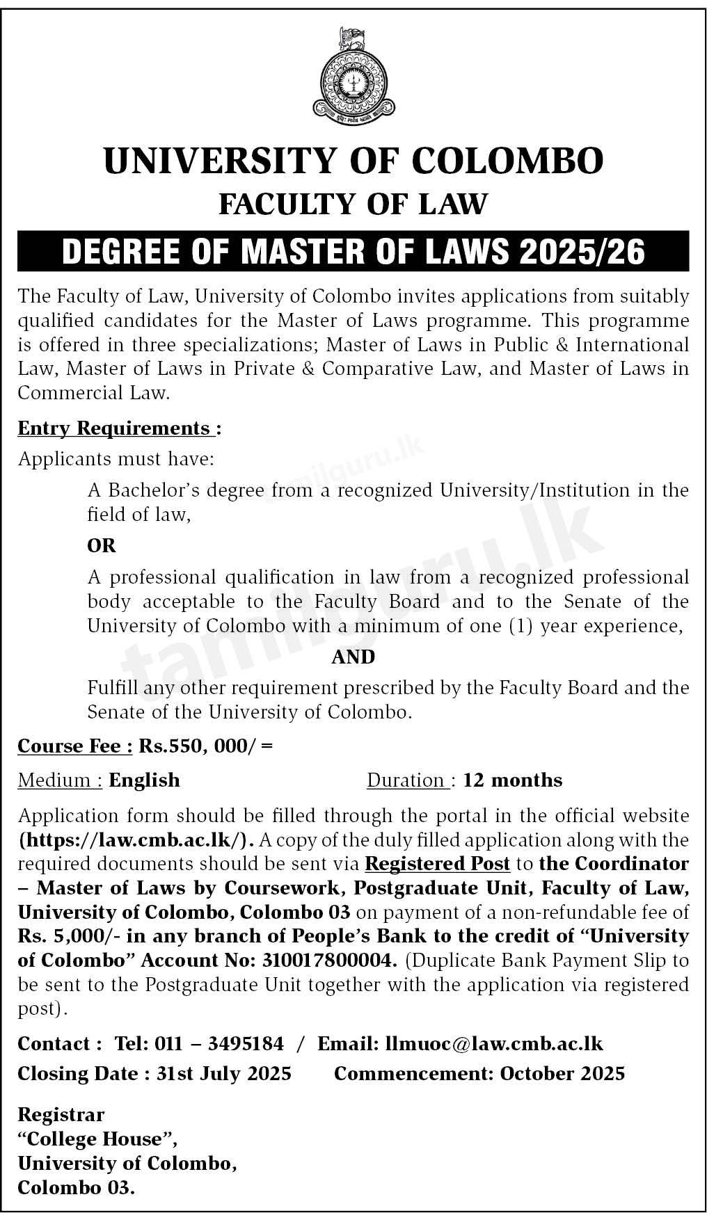 Master of Laws (LLM) Degree Programme (SLQF 09) 2025 - University Of Colombo