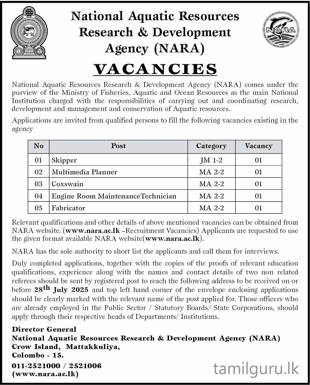 NARA Job Vacancies - 2025 July 12