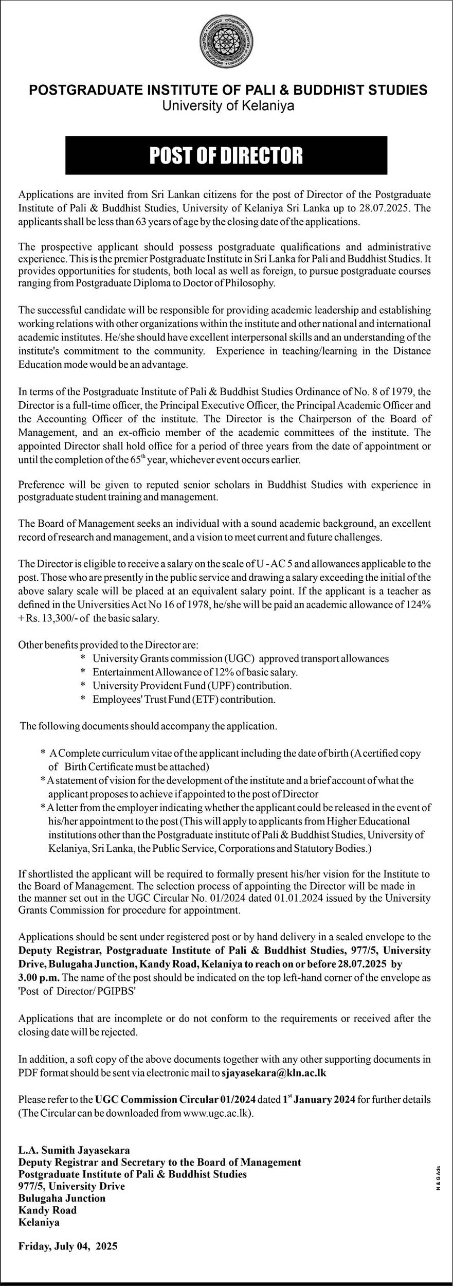 Postgraduate Institute of Pali & Buddhist Studies (PGIPBS), Kelaniya University - Director (Vacancy)