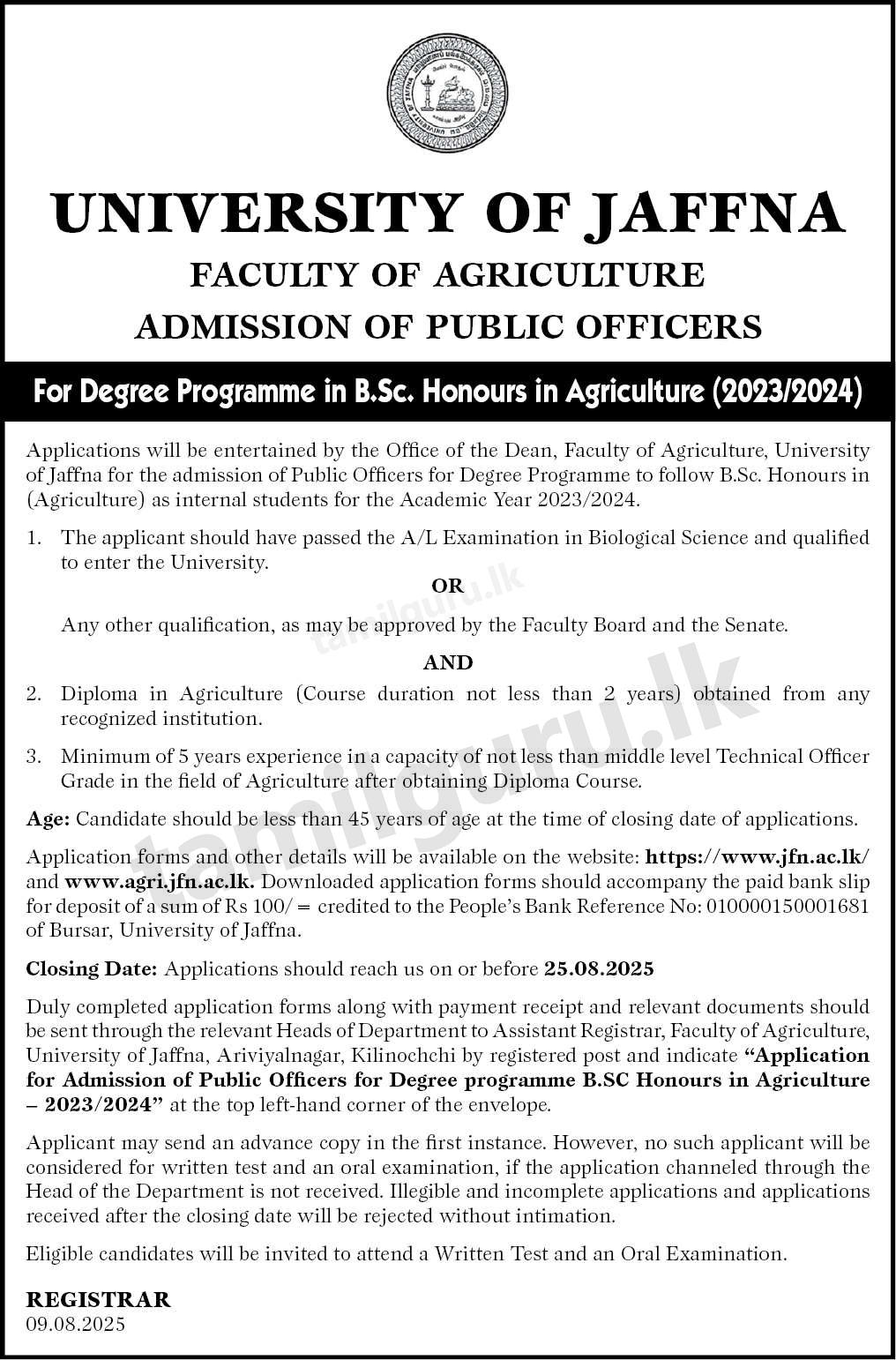 BSc in Agriculture Degree for Public Officers 2025 - University of Jaffna