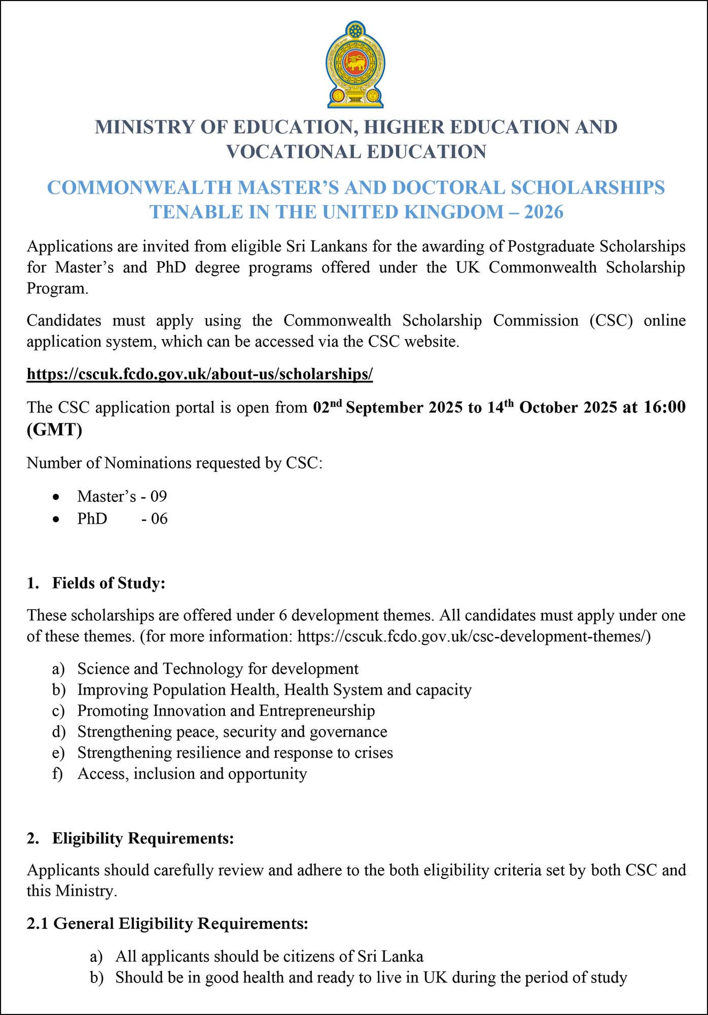 Commonwealth Masters & PhD Scholarships (UK) 2026 for Sri Lankans