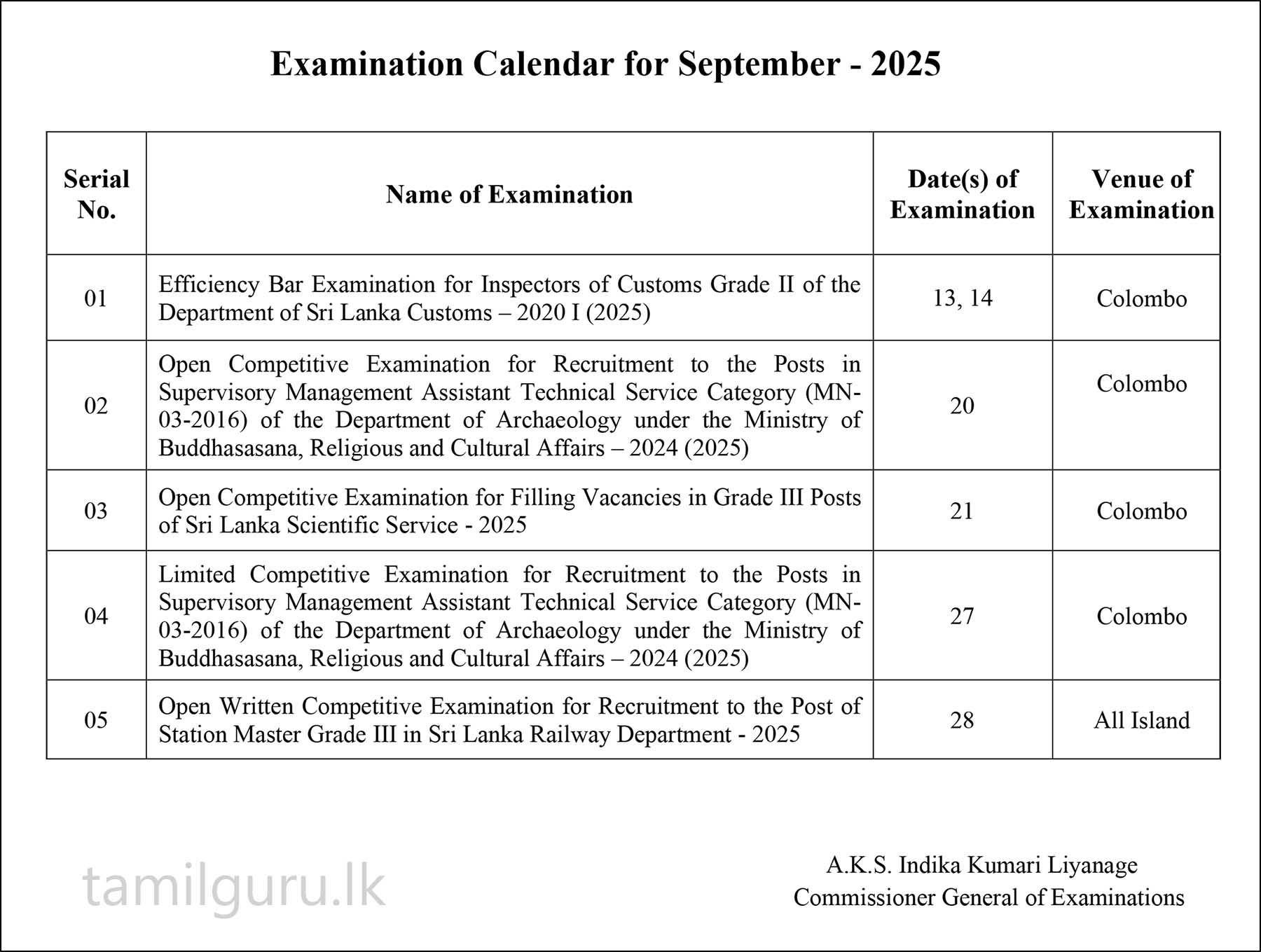 Examination Calendar for September 2025 - Department of Examinations