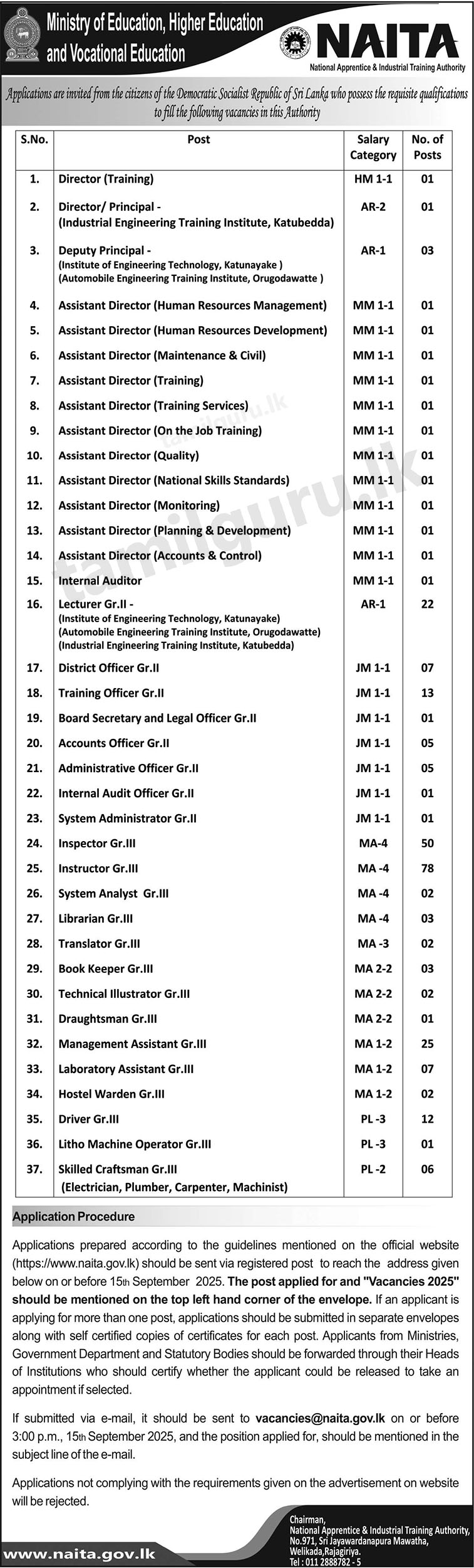Over 250 Vacancies in 37 Posts at National Apprentice and Industrial Training Authority (NAITA) - 2025 August / September