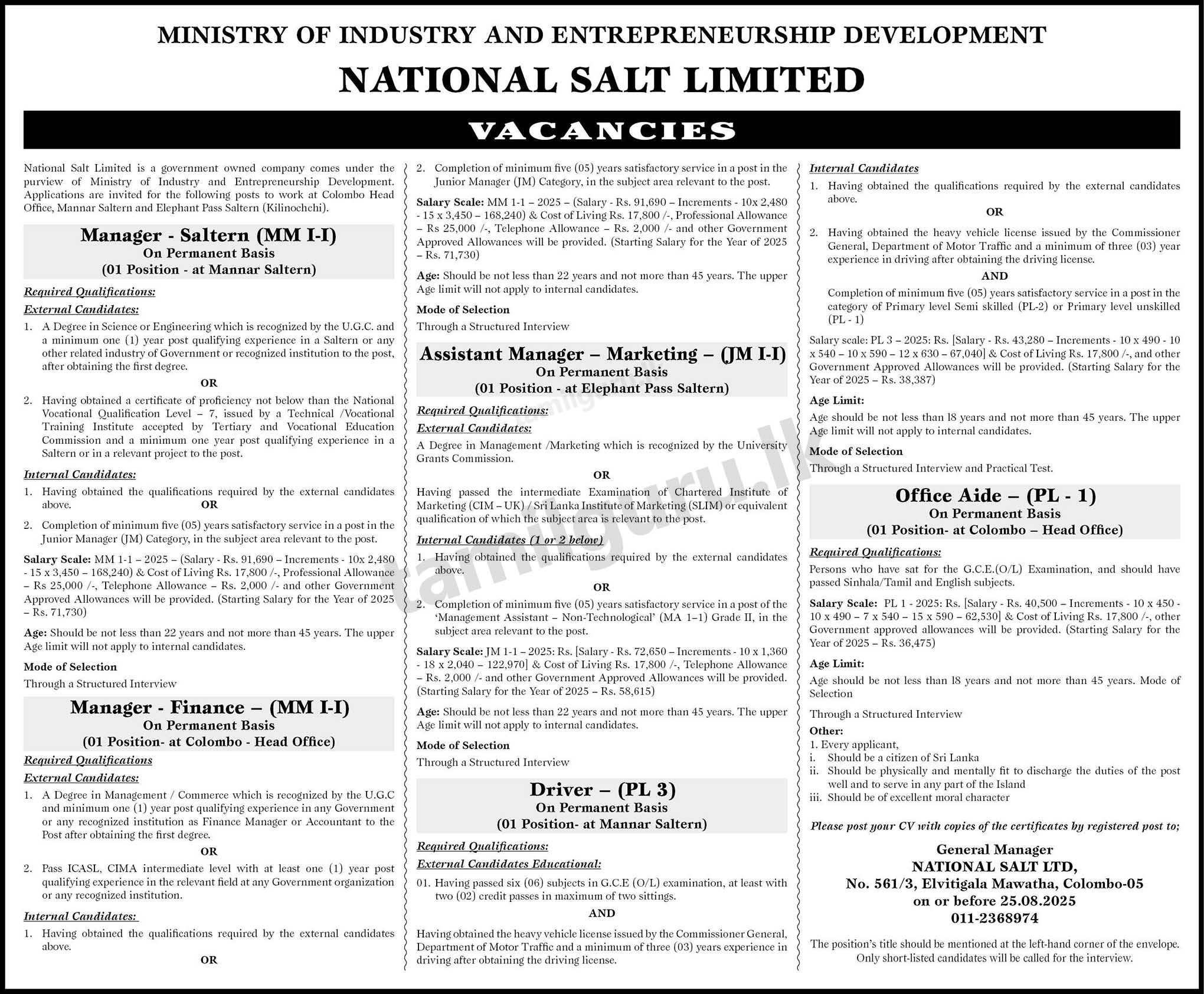 National Salt Vacancies (August 2025) - Posts of Office Aide, Driver, Manager