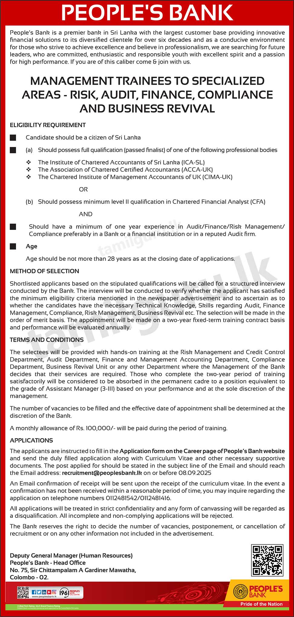 People’s Bank Management Trainee (Specialized Areas) Vacancies 2025