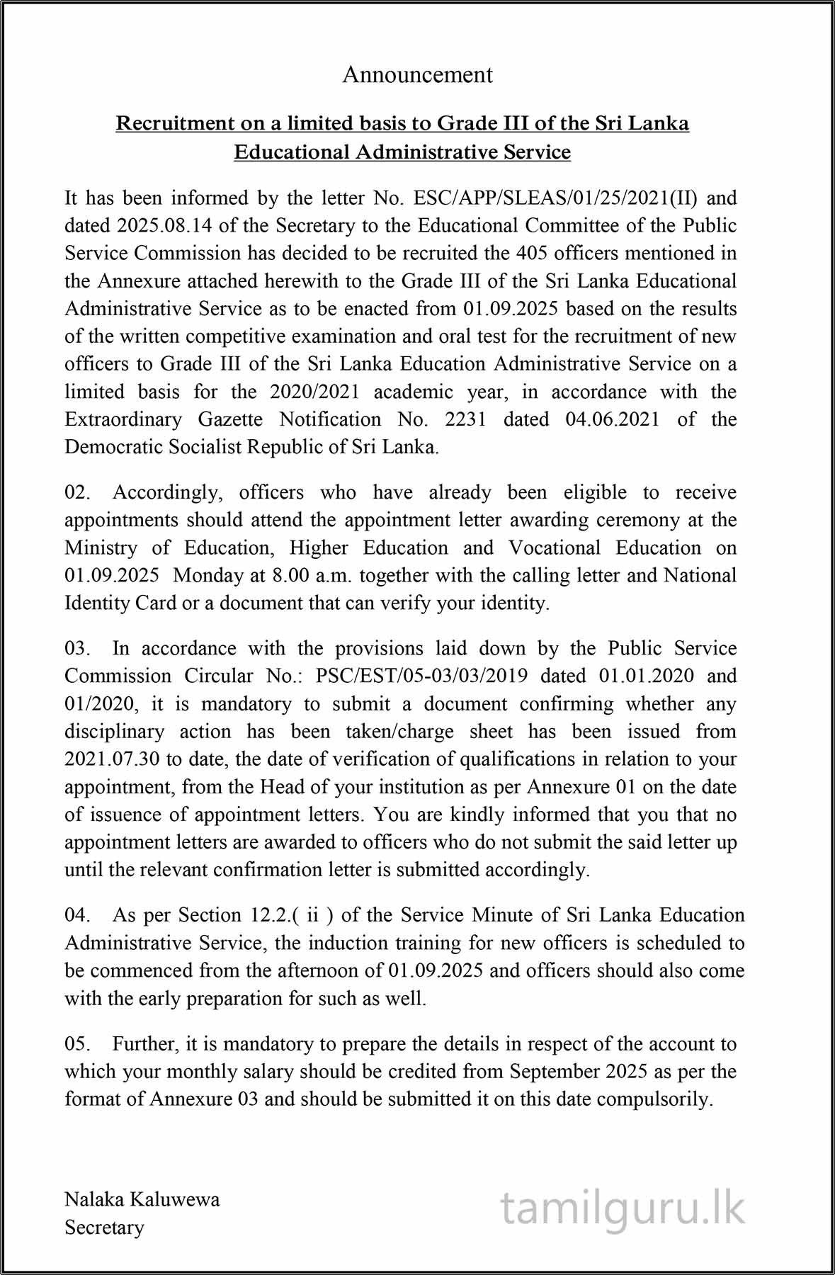 SLEAS (Limited Exam) Awarding of Appointment Letters 2025