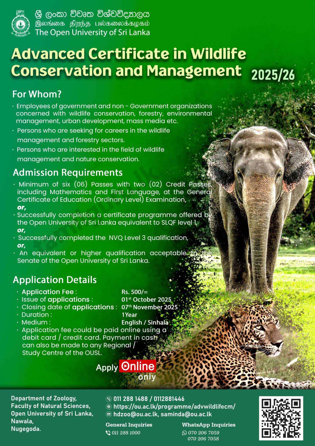 Advanced Certificate in Wildlife Conservation & Management 2025 - Open University (OUSL)