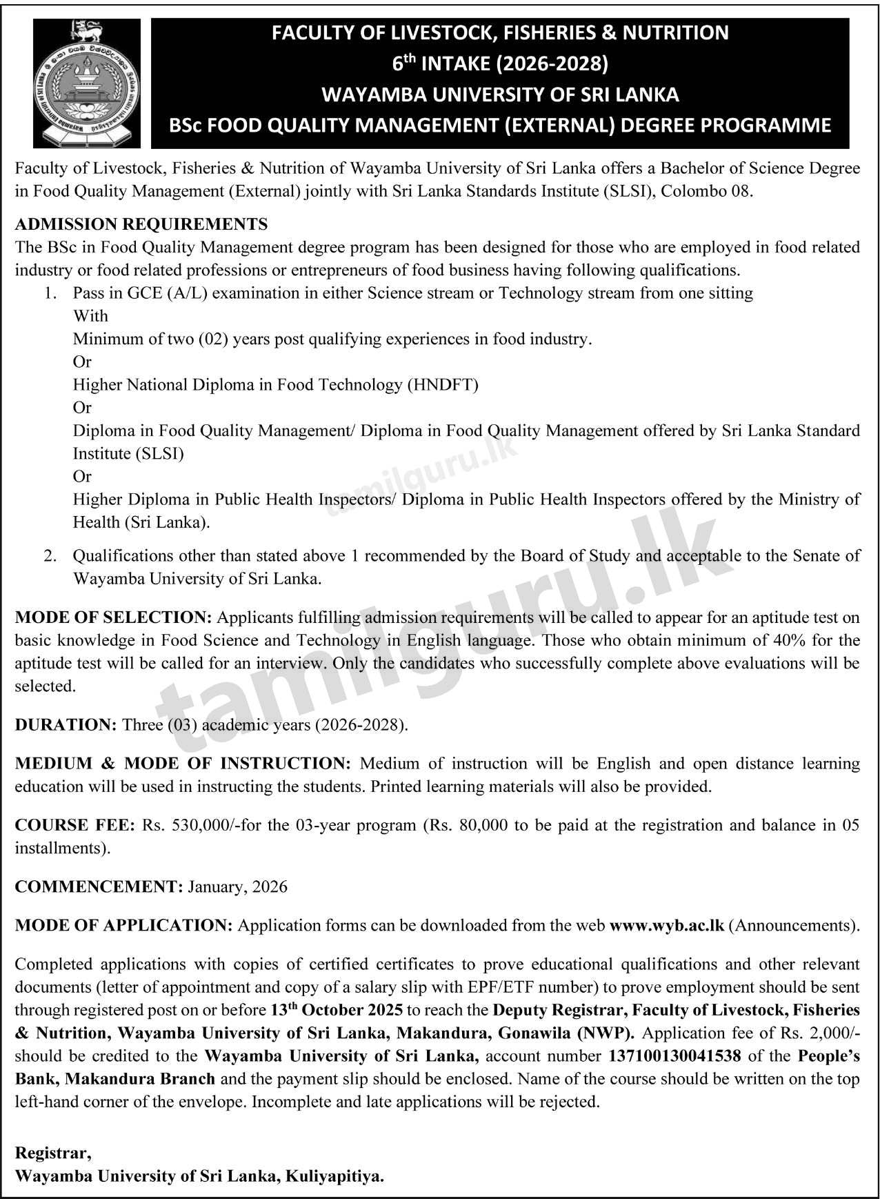 BSc in Food Quality Management (External) Degree Programme 2025 - Wayamba University (WUSL)