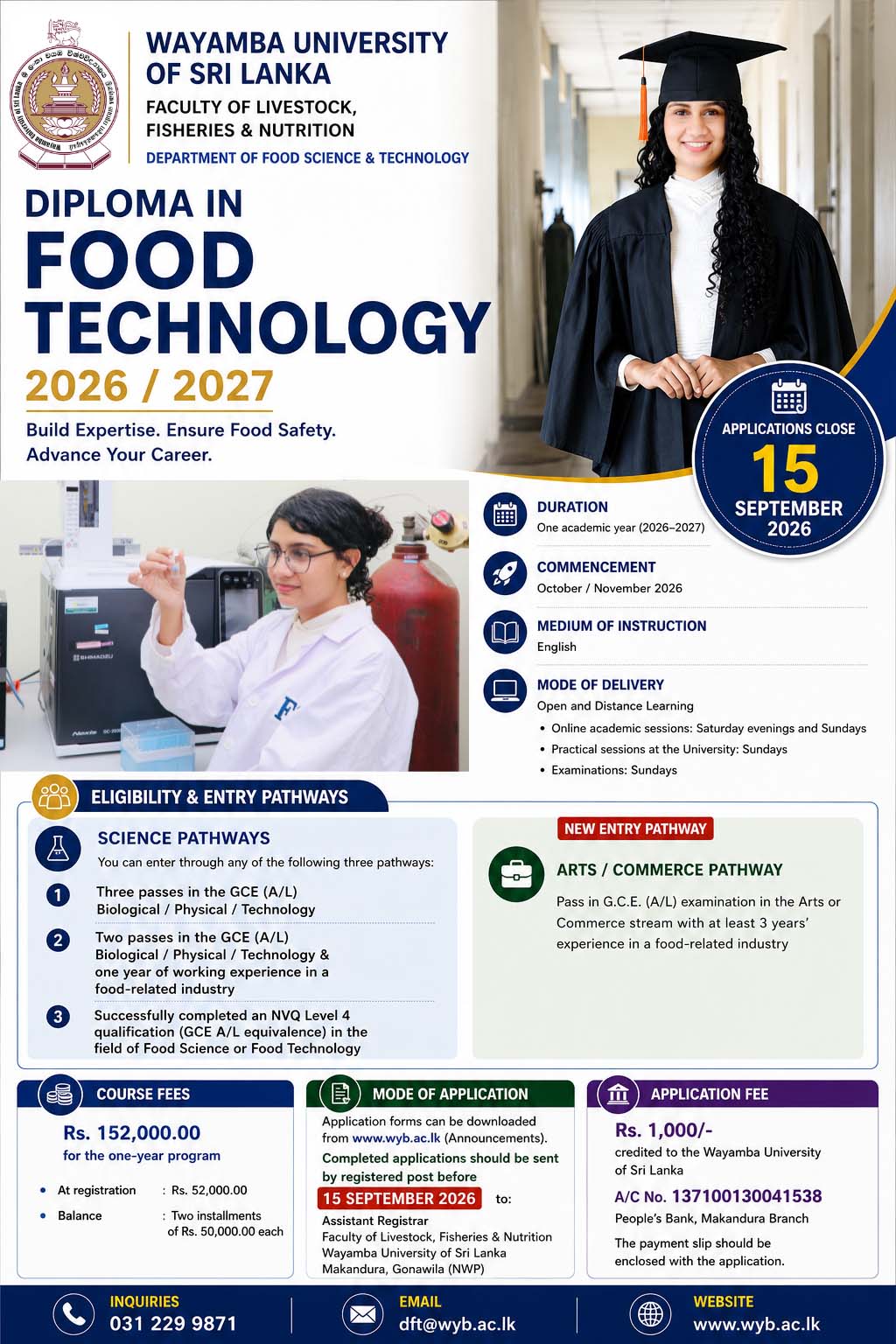 Diploma in Food Technology 2026 - Wayamba University (WUSL)