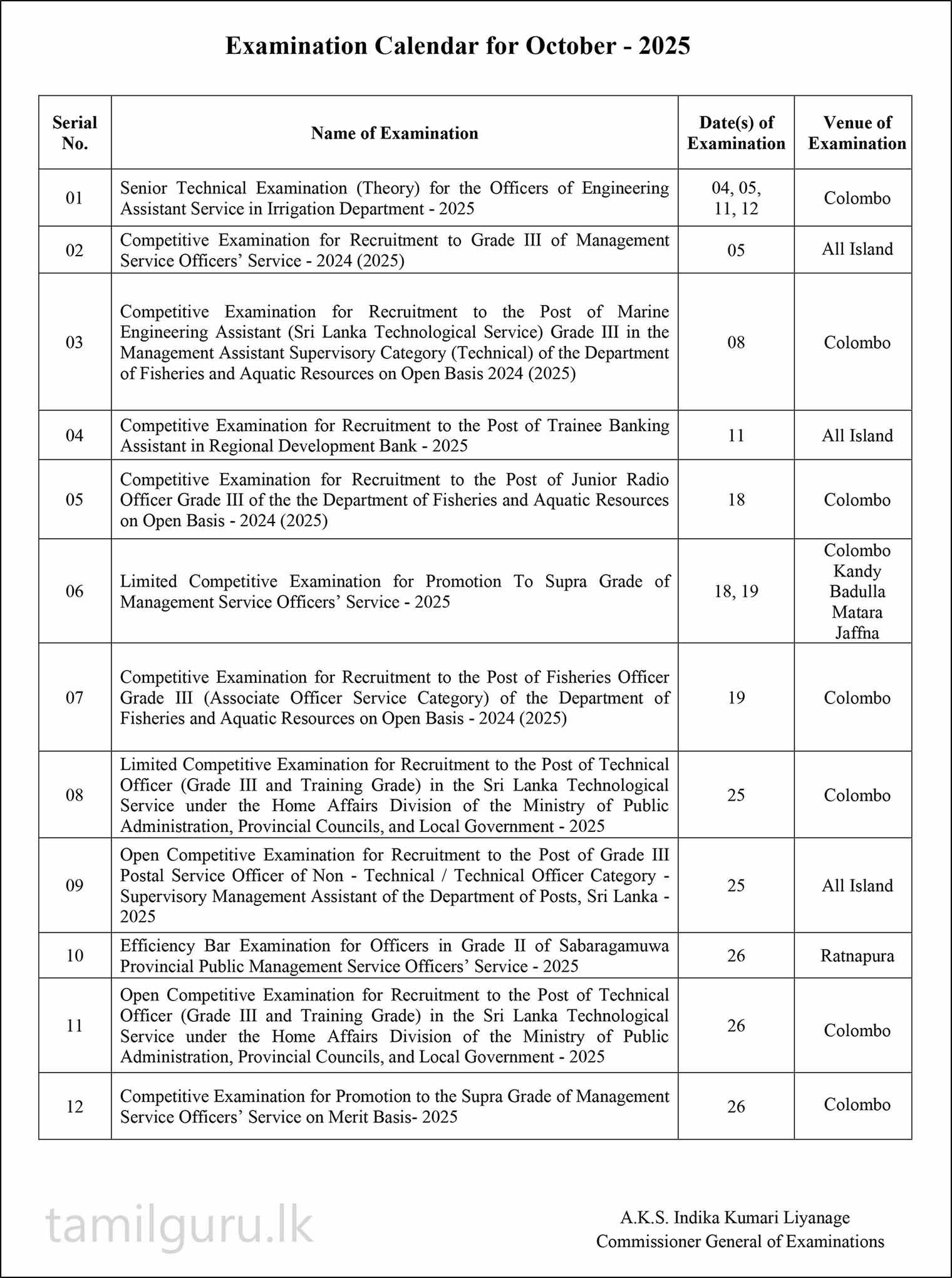 Examination Calendar for October 2025 - Department of Examinations