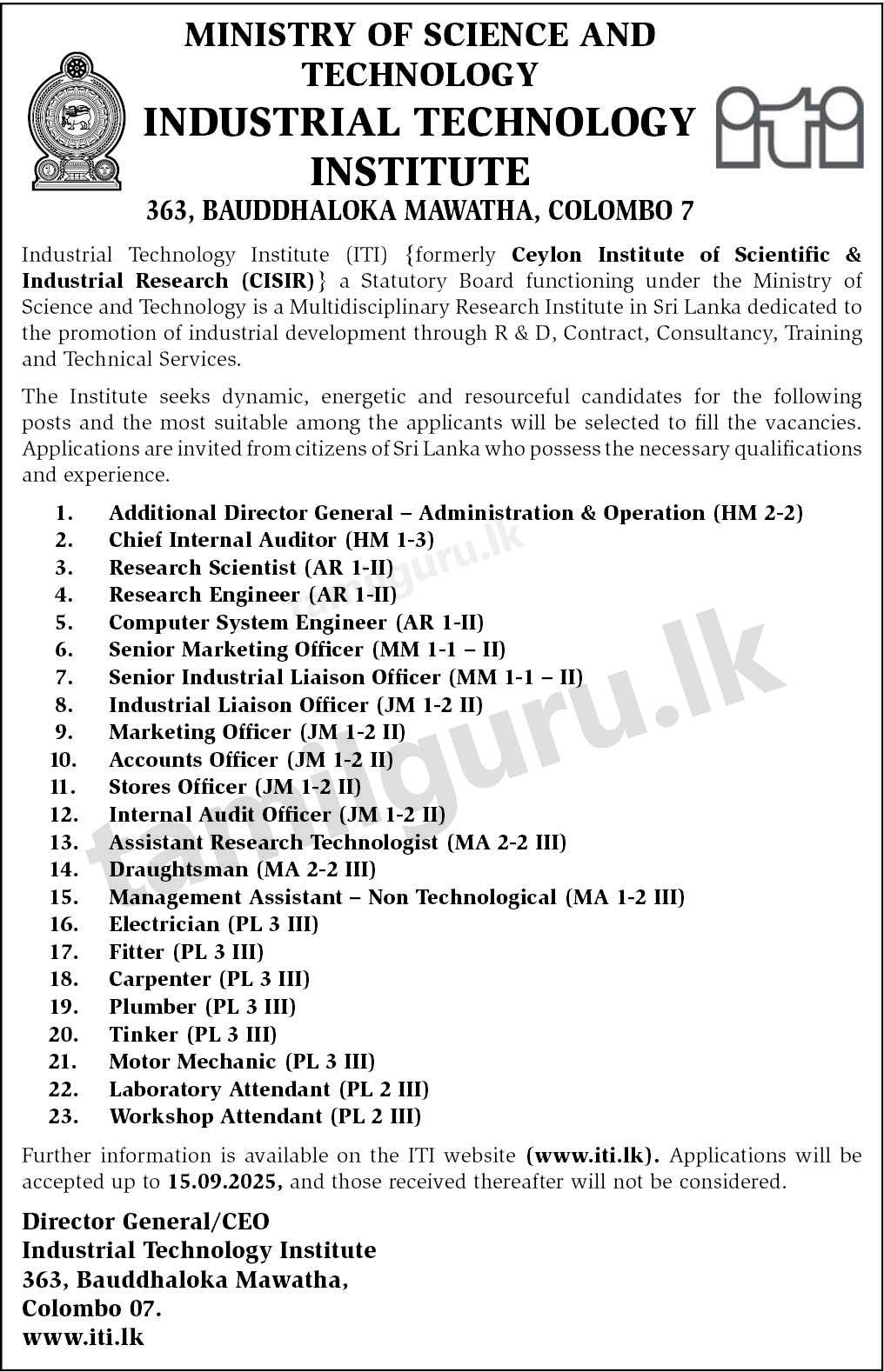 Industrial Technology Institute (ITI) Job Vacancies 2025 September