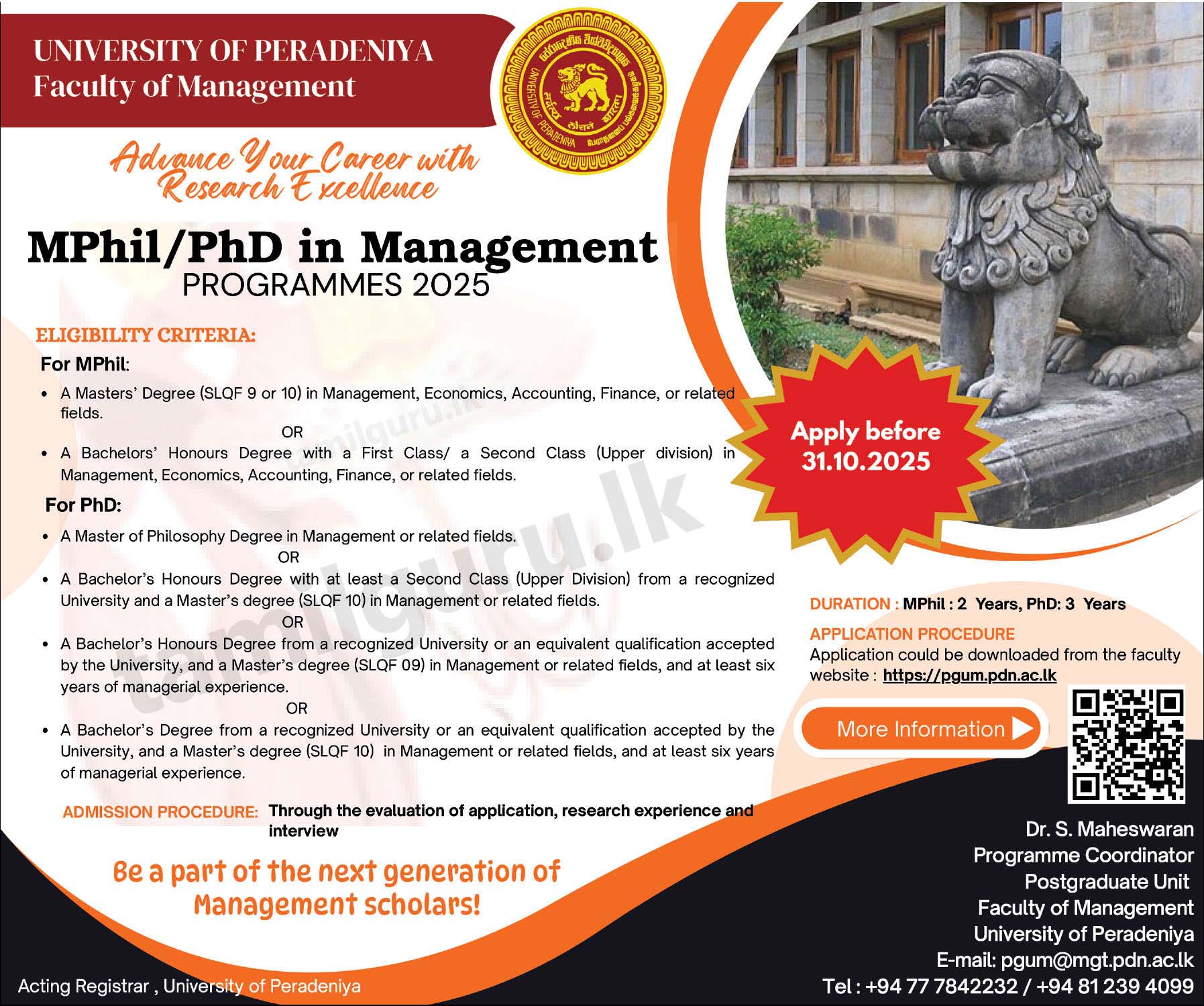 MPhil / PhD in Management 2025 at University of Peradeniya