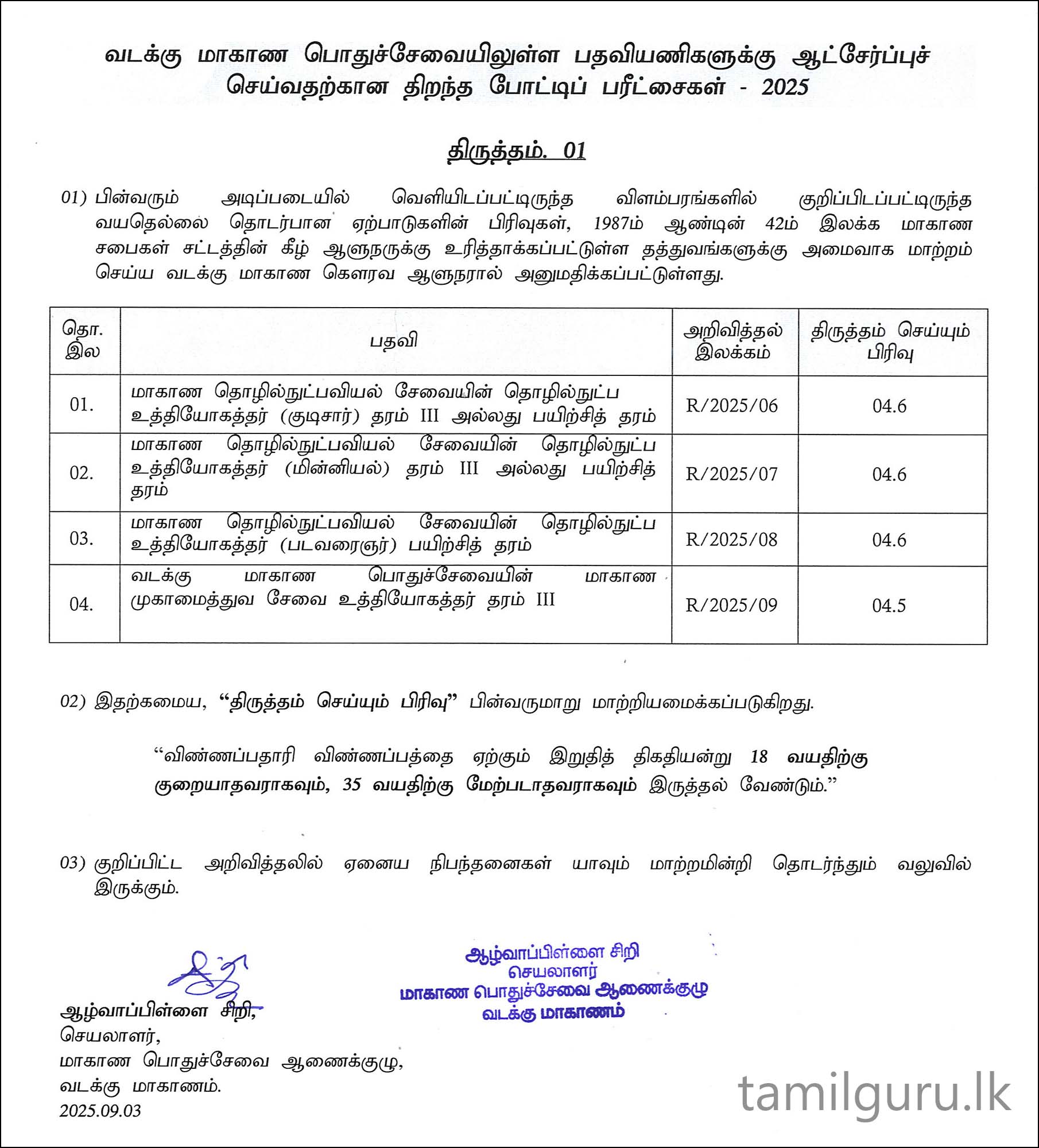 Northern Province MSO & Technical Service Exam Age Limit Extension 2025