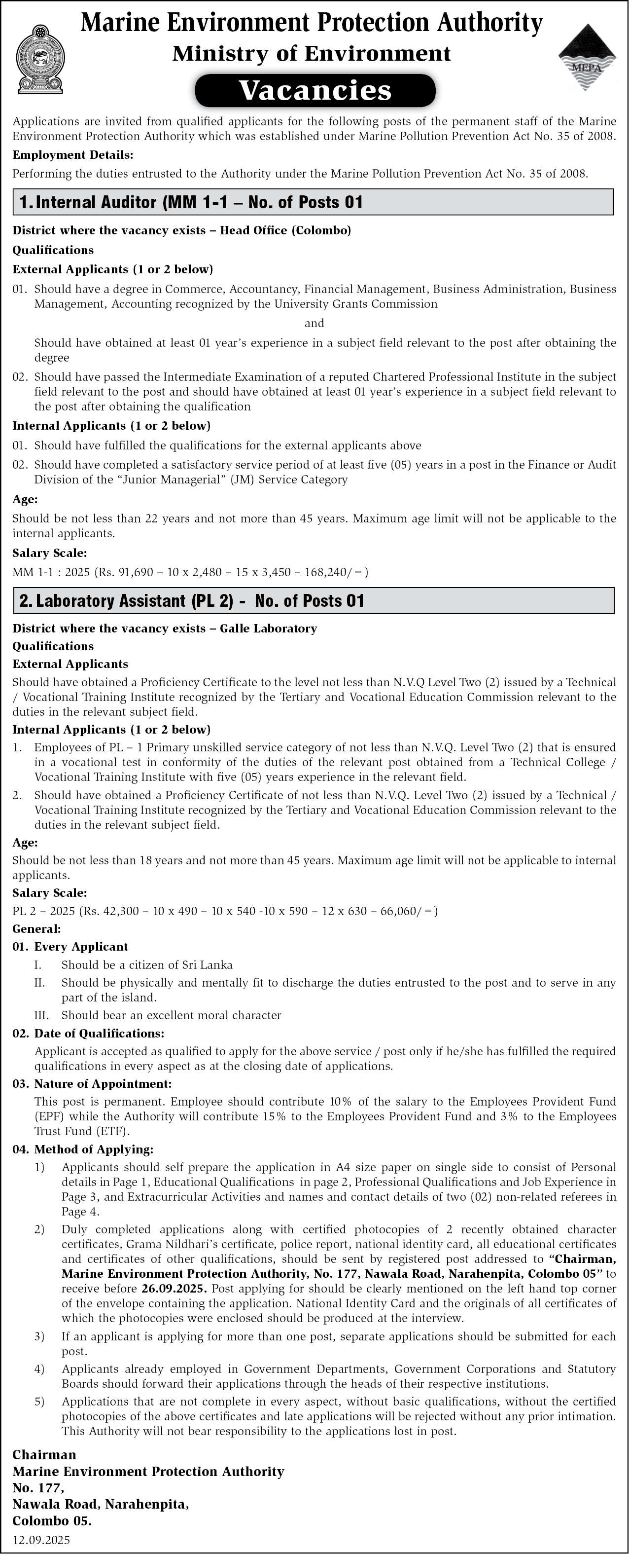 Marine Environment Protection Authority (MEPA) Vacancies 2025 September