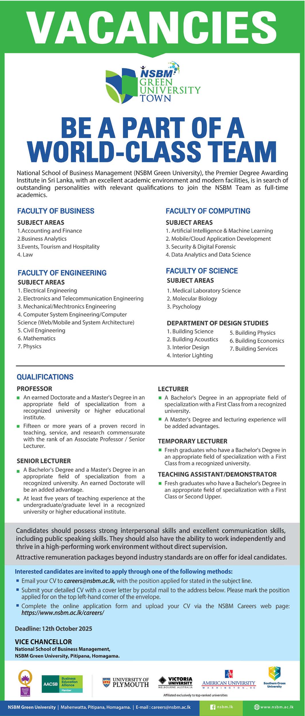 NSBM Green University Academic Vacancies 2025 October