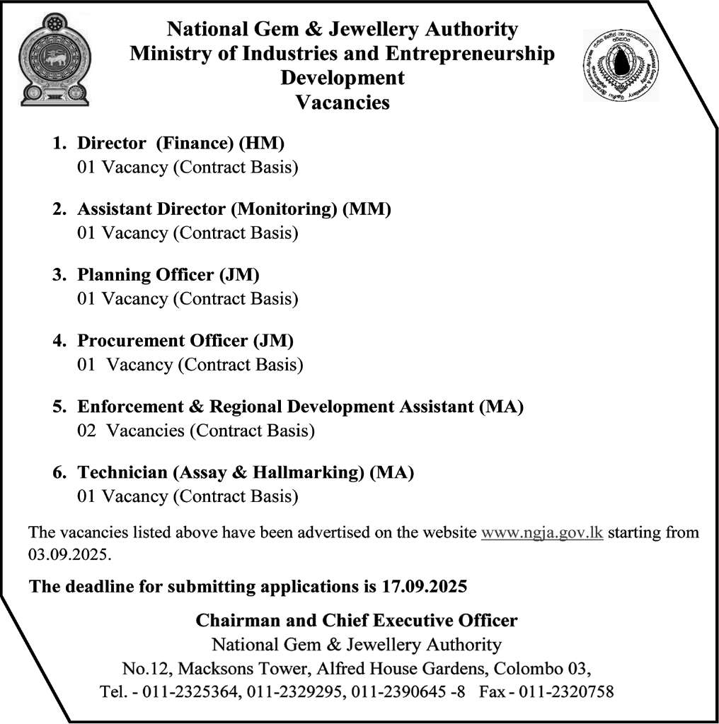 National Gem & Jewellery Authority (NGJA) Job Vacancies 2025 September