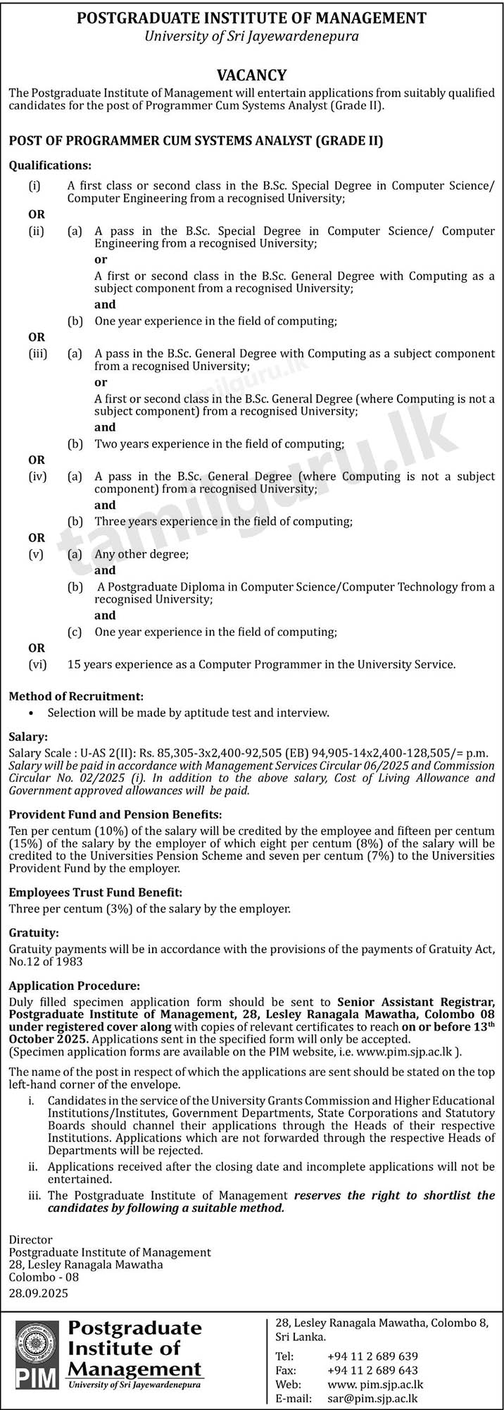 PIM, University of Sri Jayewardenepura Vacancies 2025 - Programmer cum Systems Analyst