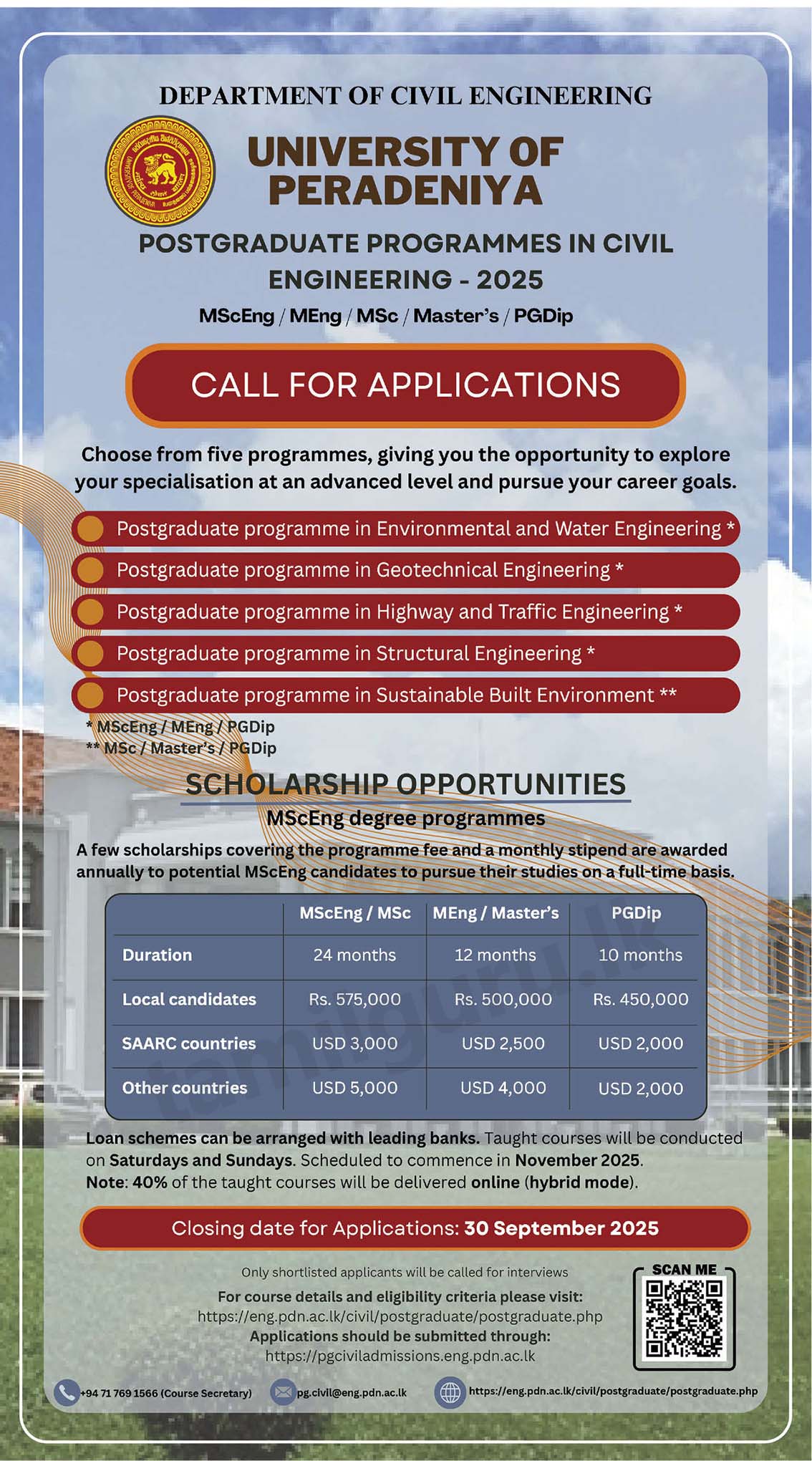 Postgraduate Programmes in Civil Engineering 2025 - University of Peradeniya