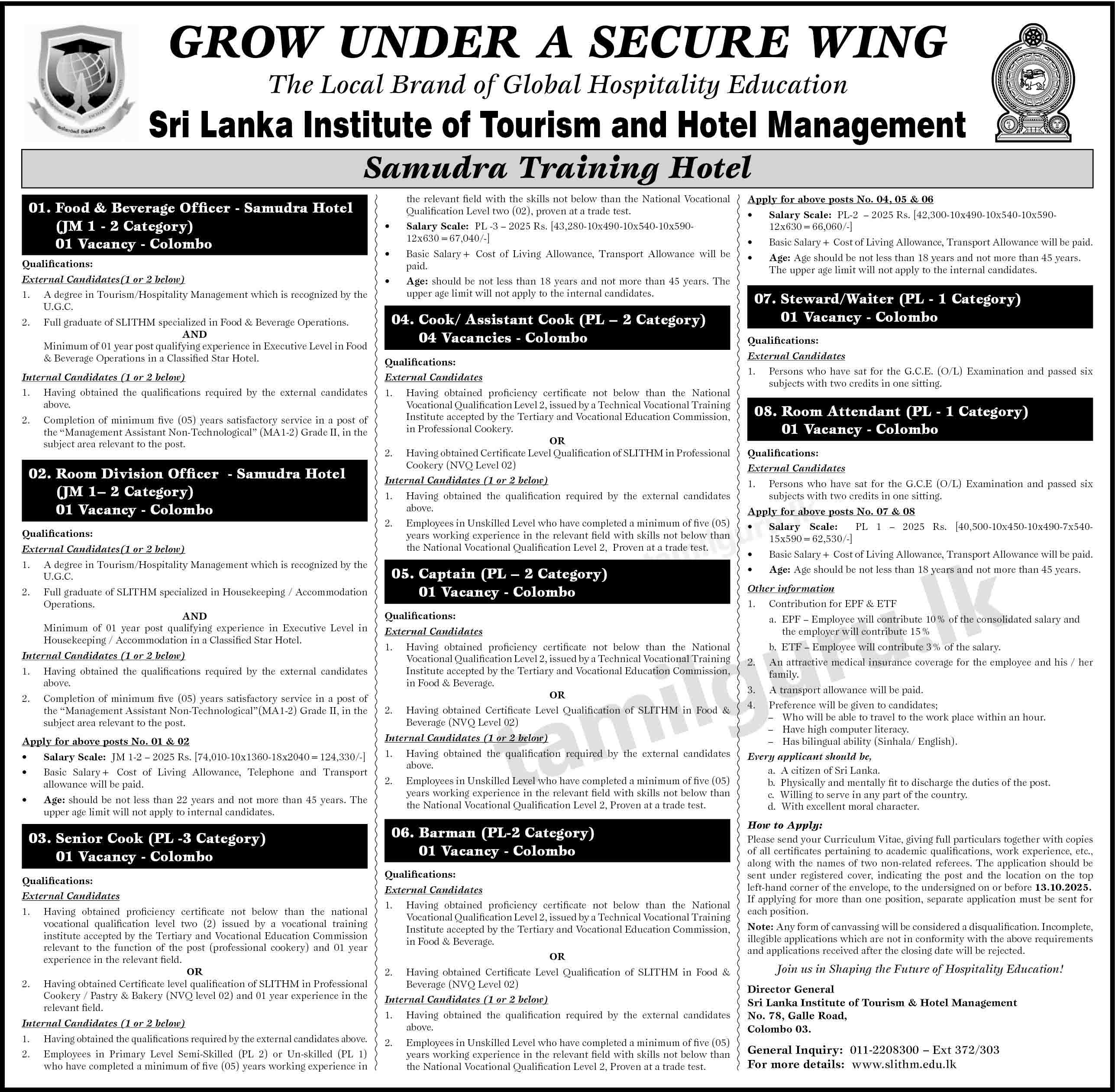 SLITHM, Samudra Training Hotel Vacancies 2025 October