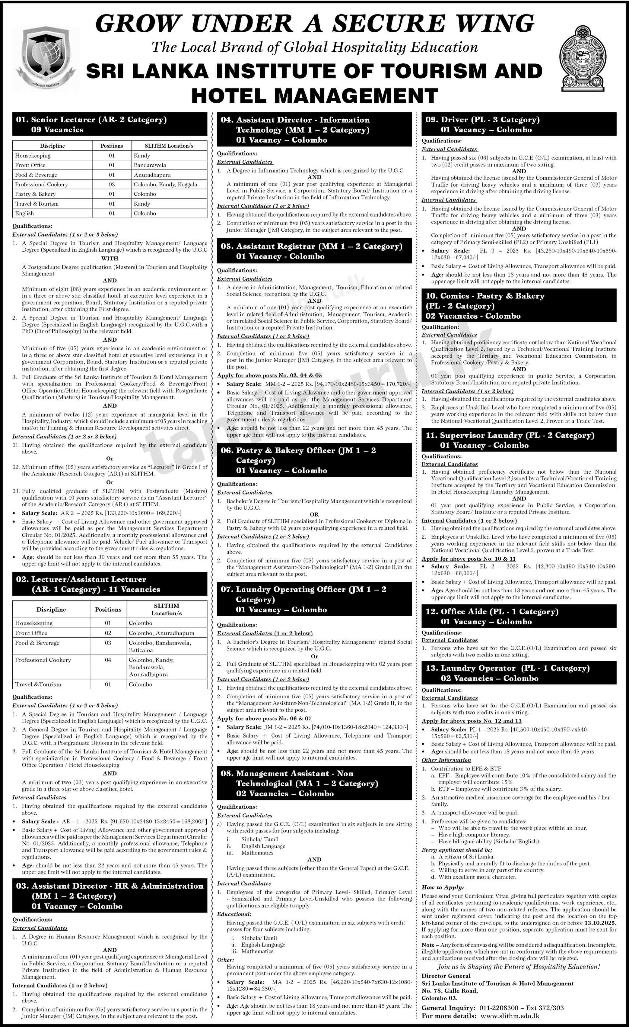 Job Vacancies at Sri Lanka Institute of Tourism & Hotel Management (SLITHM) - 2025 October