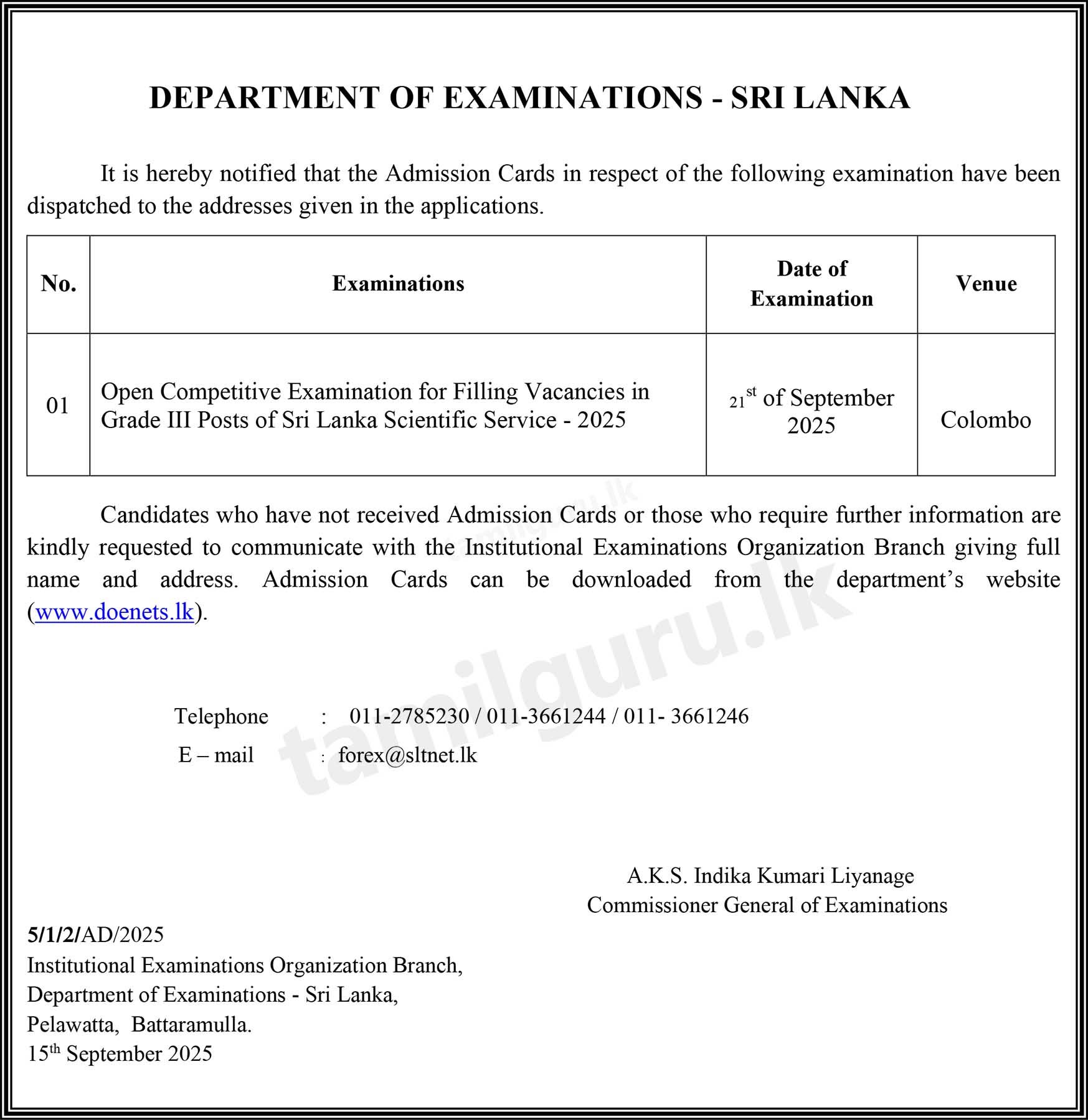 Scientific Service (SLSS) Exam Admission Card Download 2025