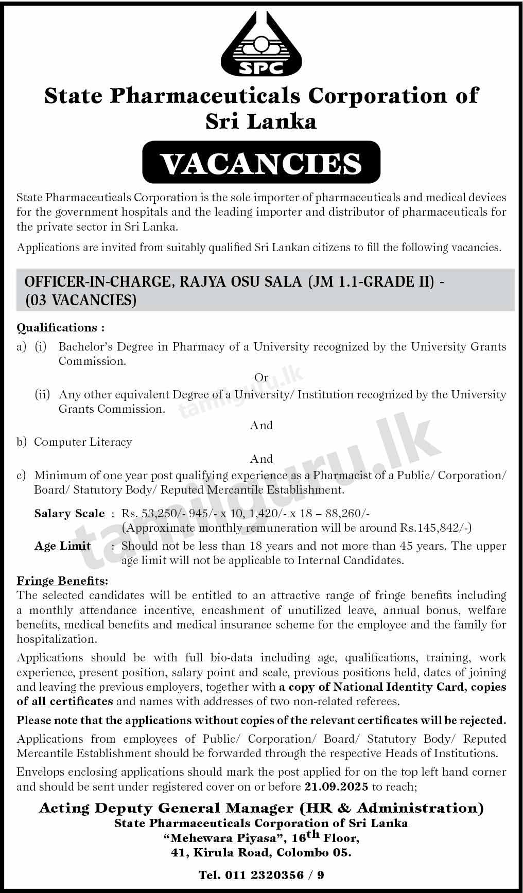 State Pharmaceuticals Corporation (SPC) Officer in Charge Vacancies - 2025 September