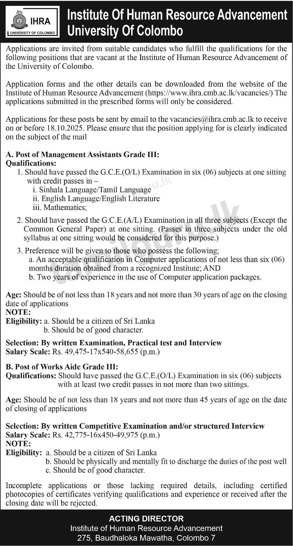 University of Colombo (IHRA) Management Assistant (MA) & Works Aide Vacancies 2025