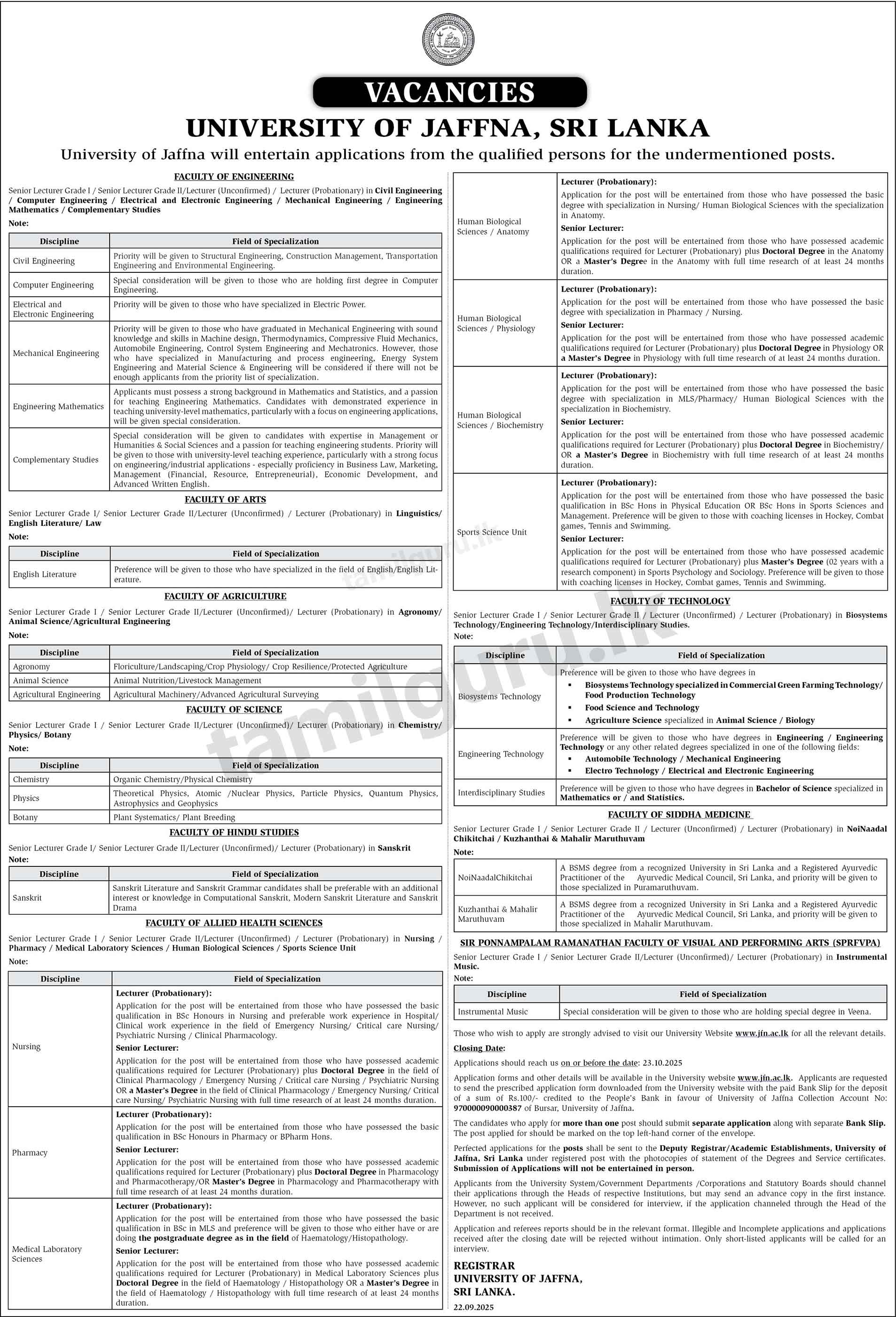 University of Jaffna Lecturer Vacancies 2025 October