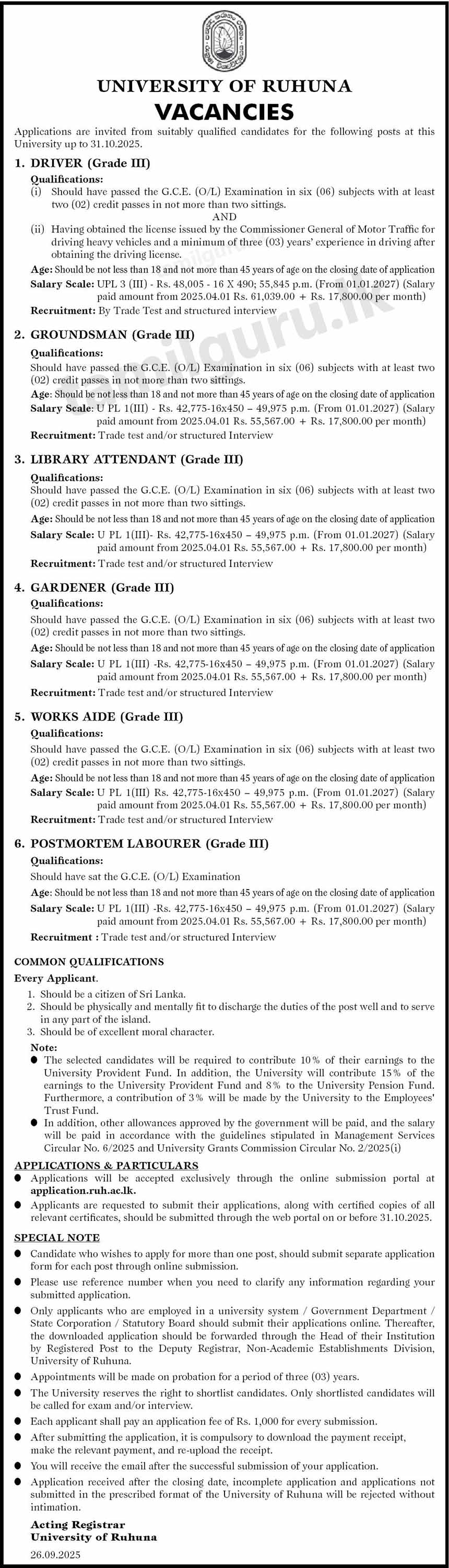 University of Ruhuna Vacancies 2025 - Driver, Groundsman, Library Attendant, Gardener, Works Aide