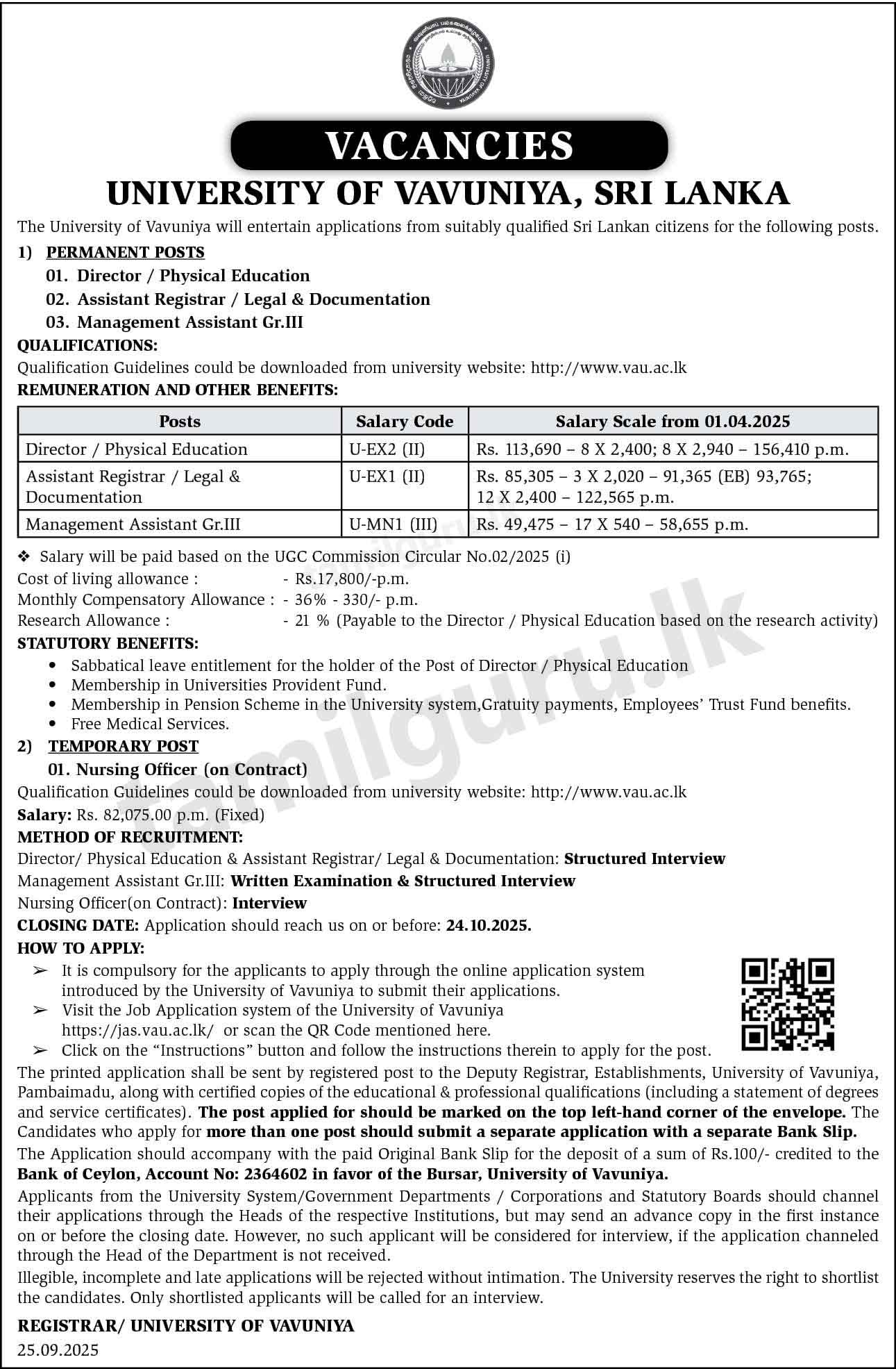 University of Vavuniya Vacancies 2025 - Management Assistant (MA), Director, Assistant Registrar, Nursing