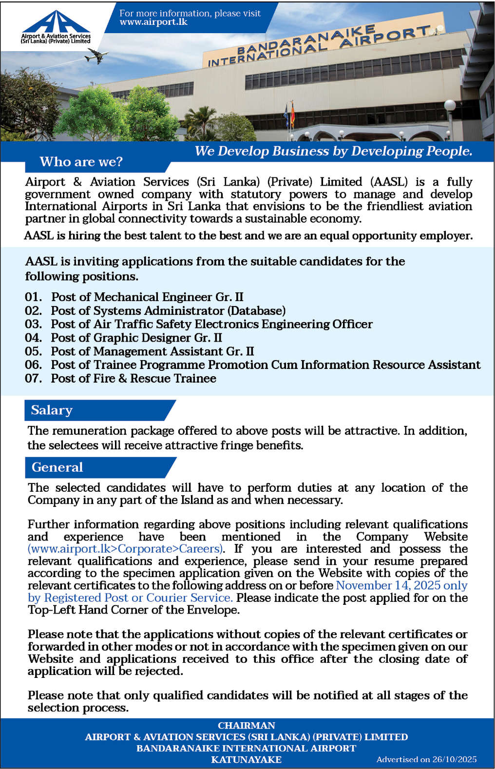 Airport and Aviation Services Vacancies (AASL) 2025 November