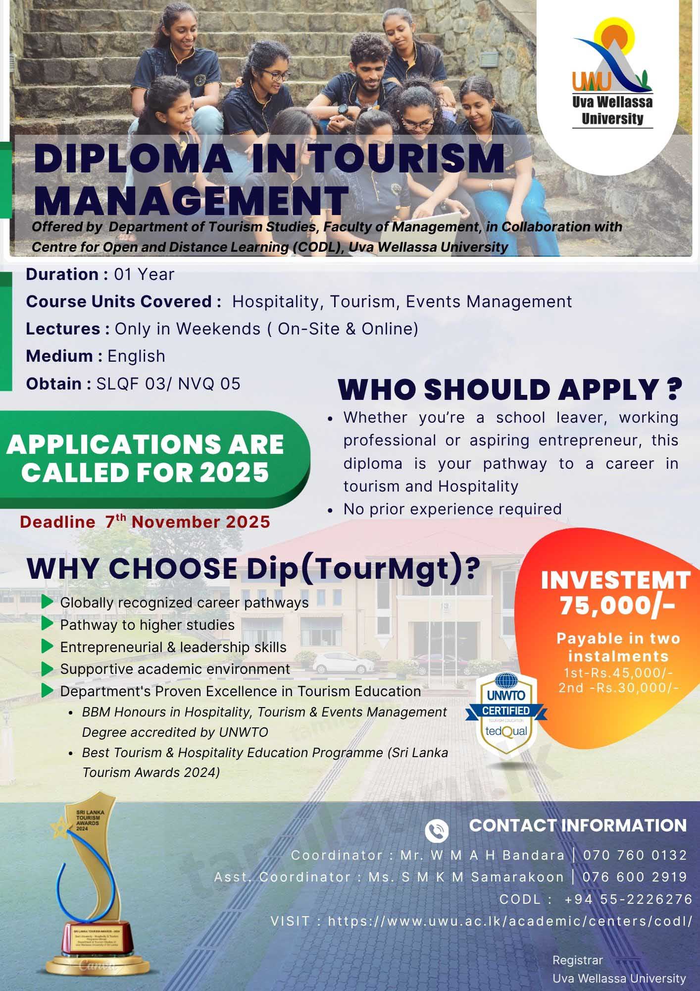 Diploma in Tourism Management 2025 - Uva Wellassa University