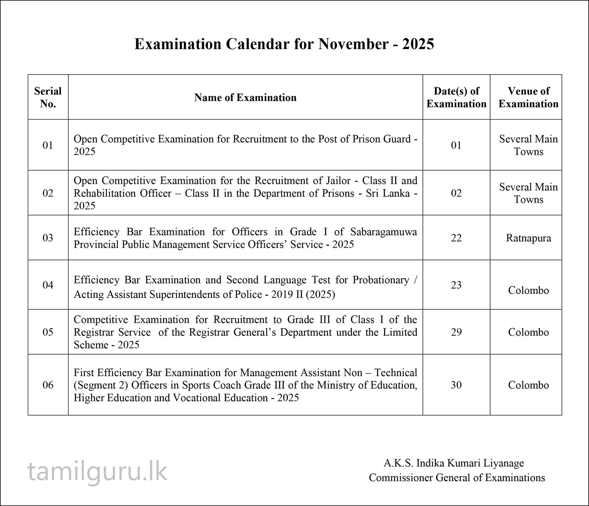 Examination Calendar for November 2025 - Department of Examinations