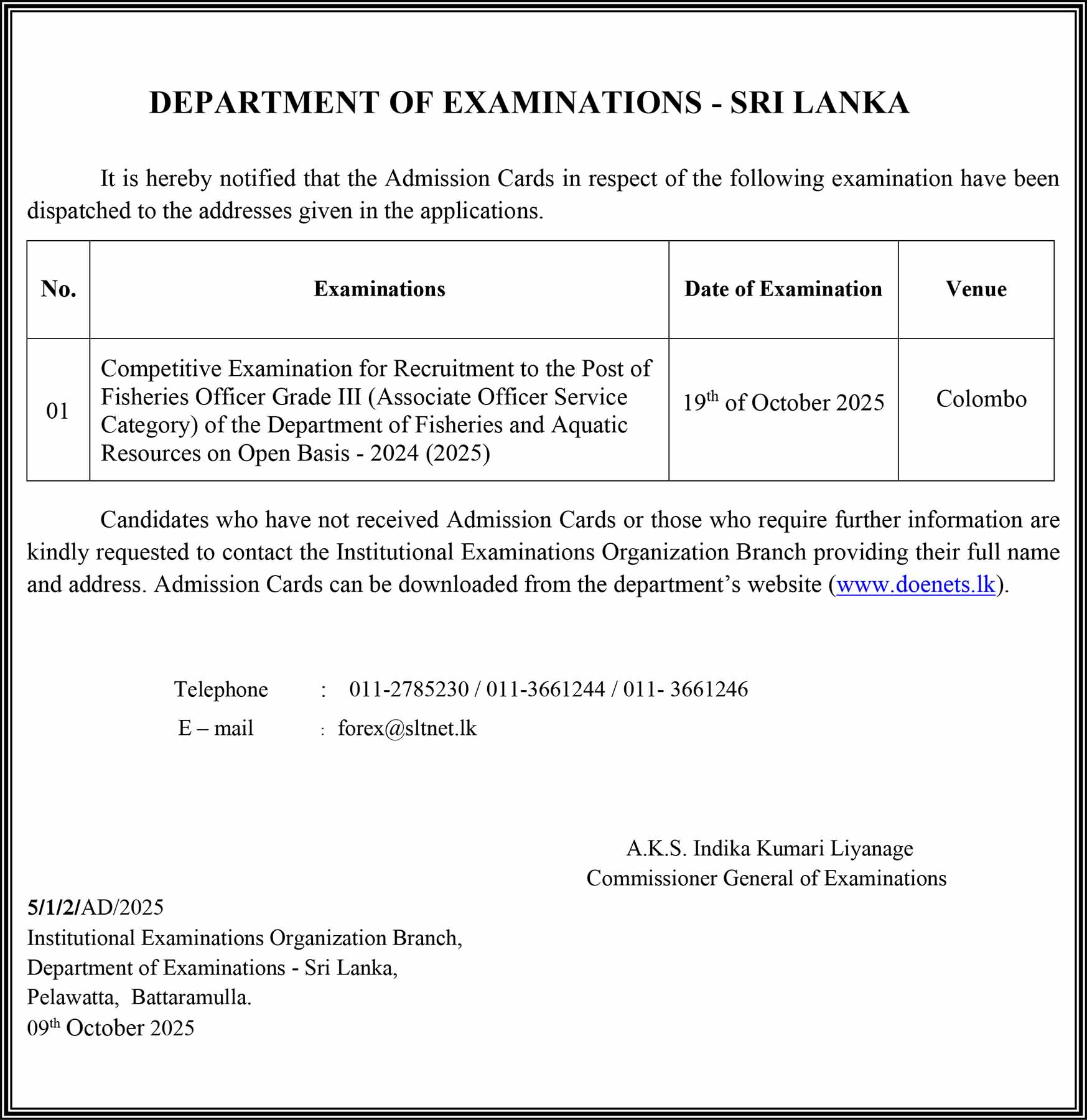 Fisheries Officer Open Exam Admission Card Download 2025