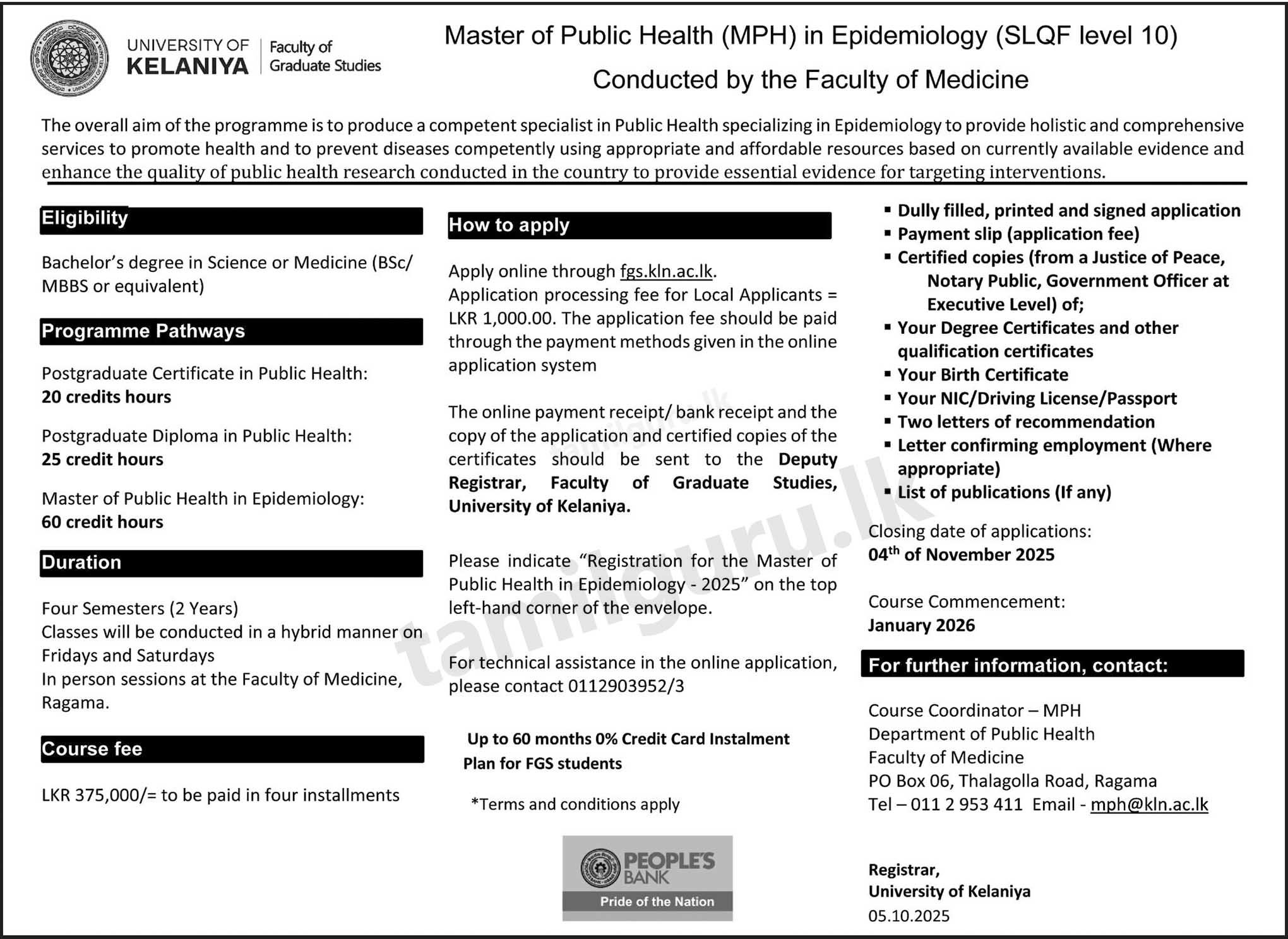 Master of Public Health (MPH) in Epidemiology 2025 - University of Kelaniya