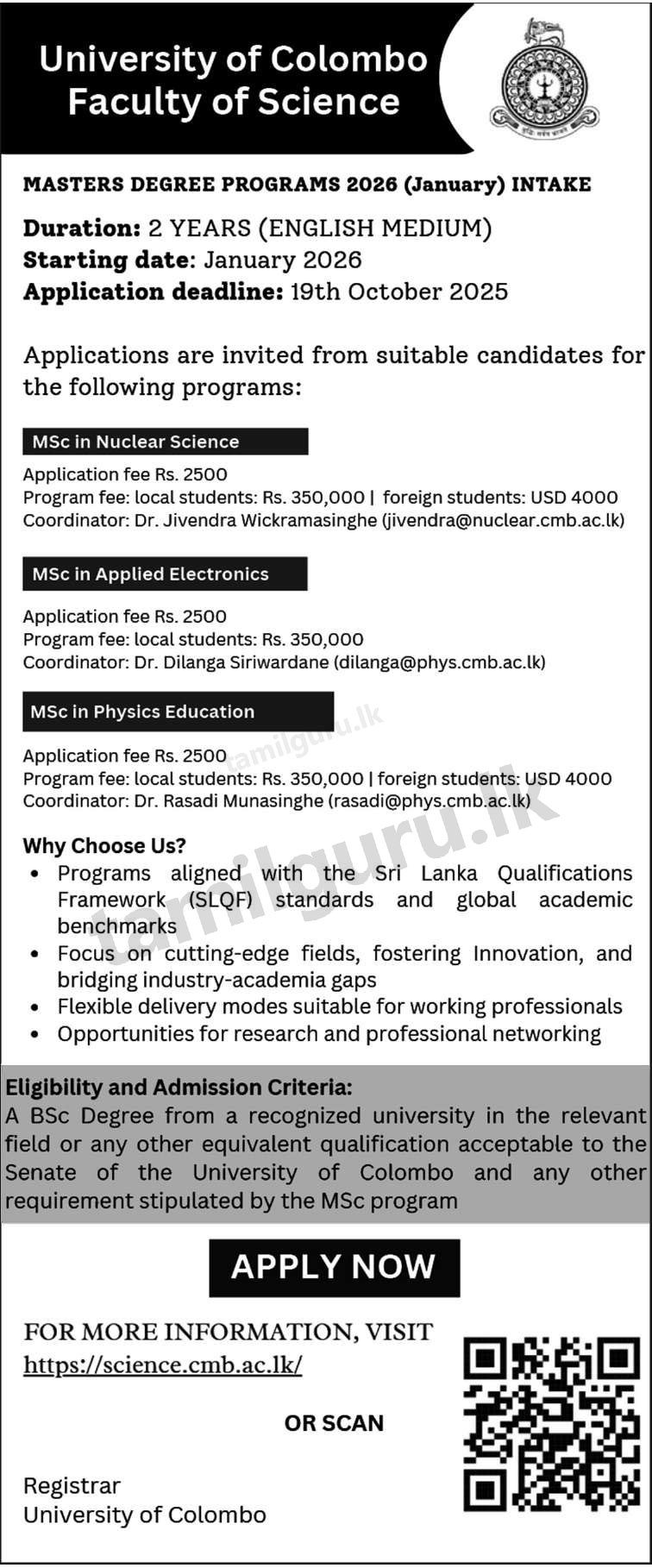 Masters Degree Programs (2026 January Intake) - Faculty of Science, University of Colombo