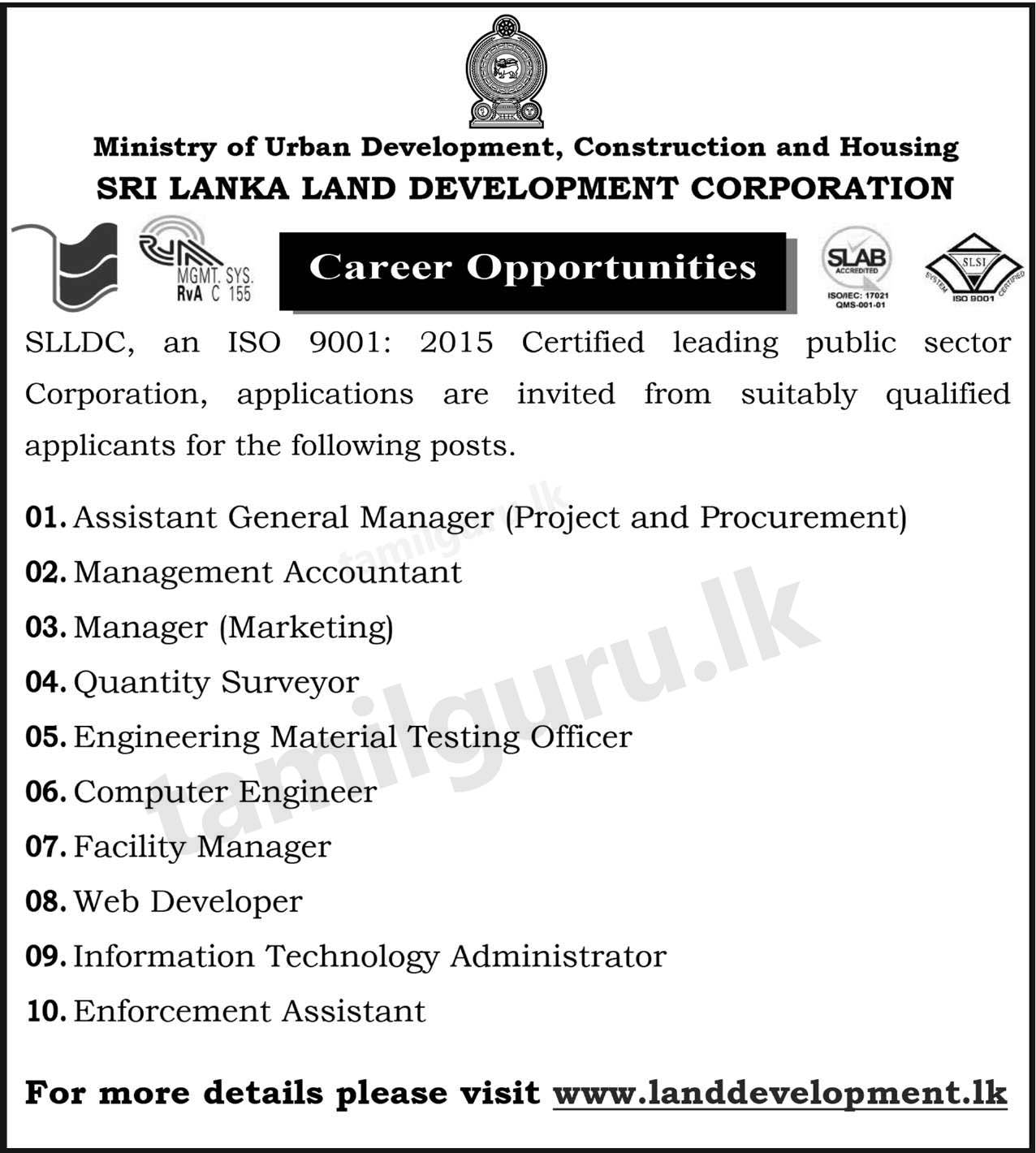 Sri Lanka Land Development Corporation (SLLDC) Vacancies - 2025 October