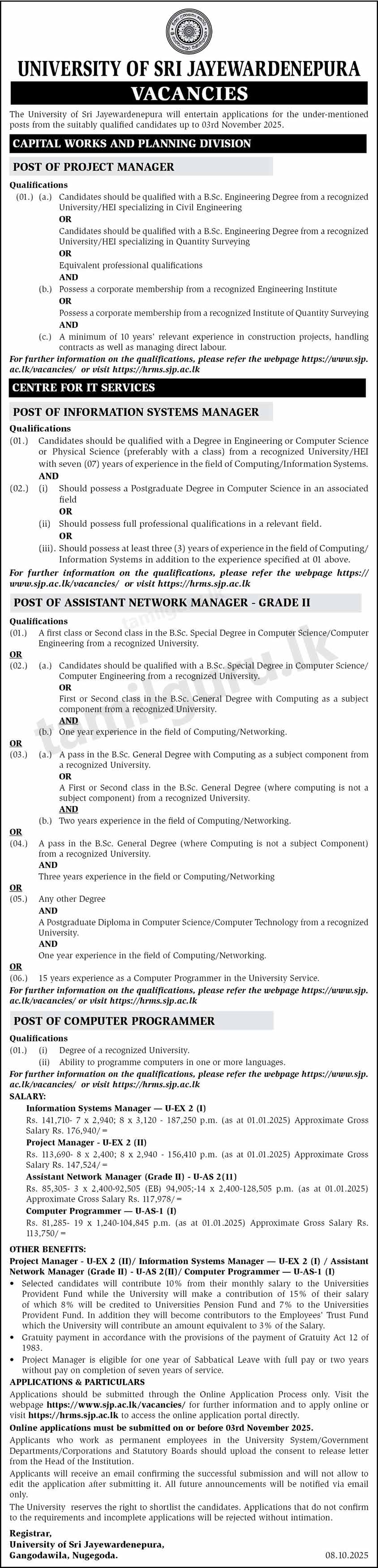 University of Sri Jayewardenepura Vacancies 2025 October