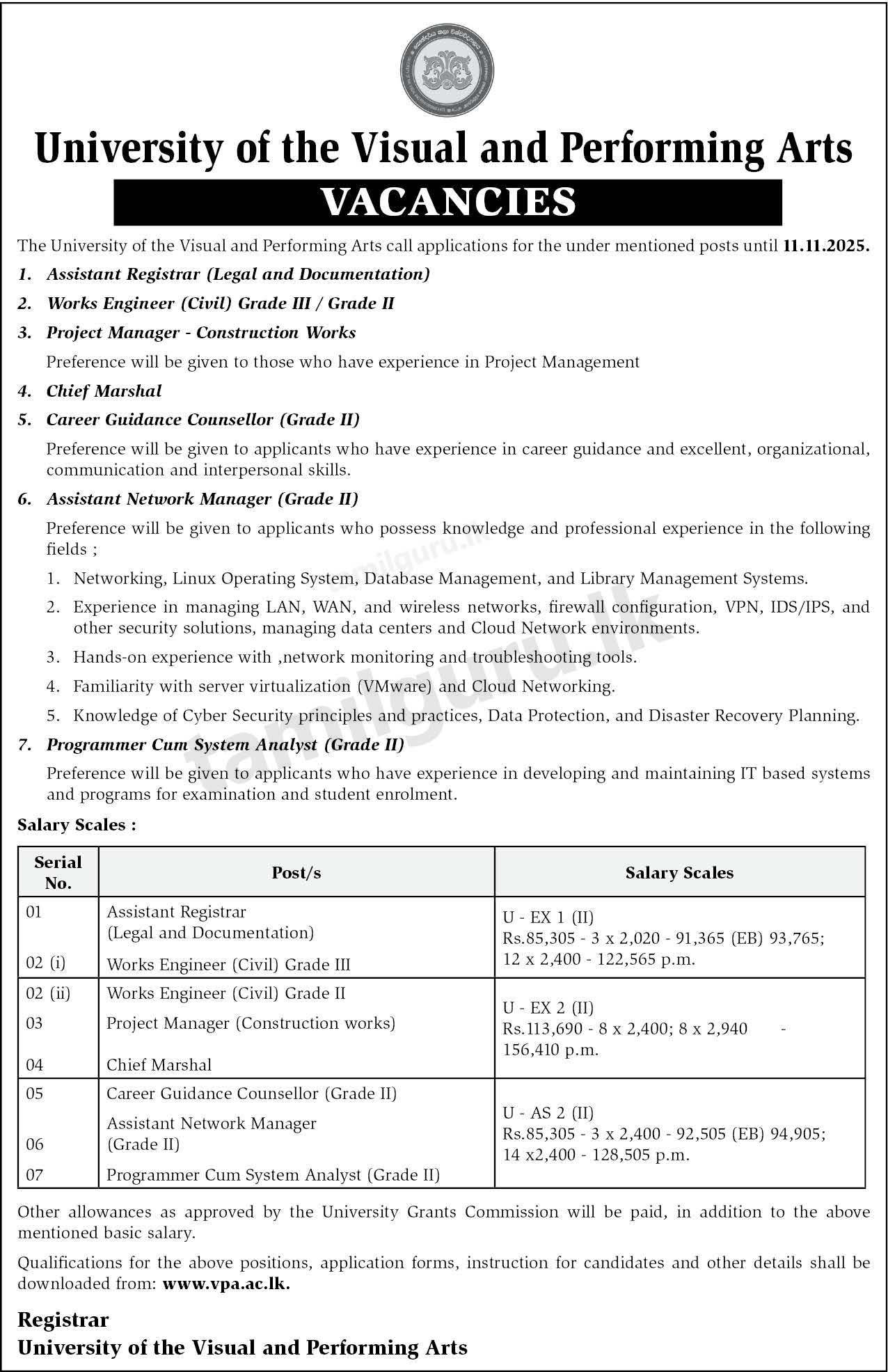 University of the Visual and Performing Arts (UVPA) Vacancies 2025 October