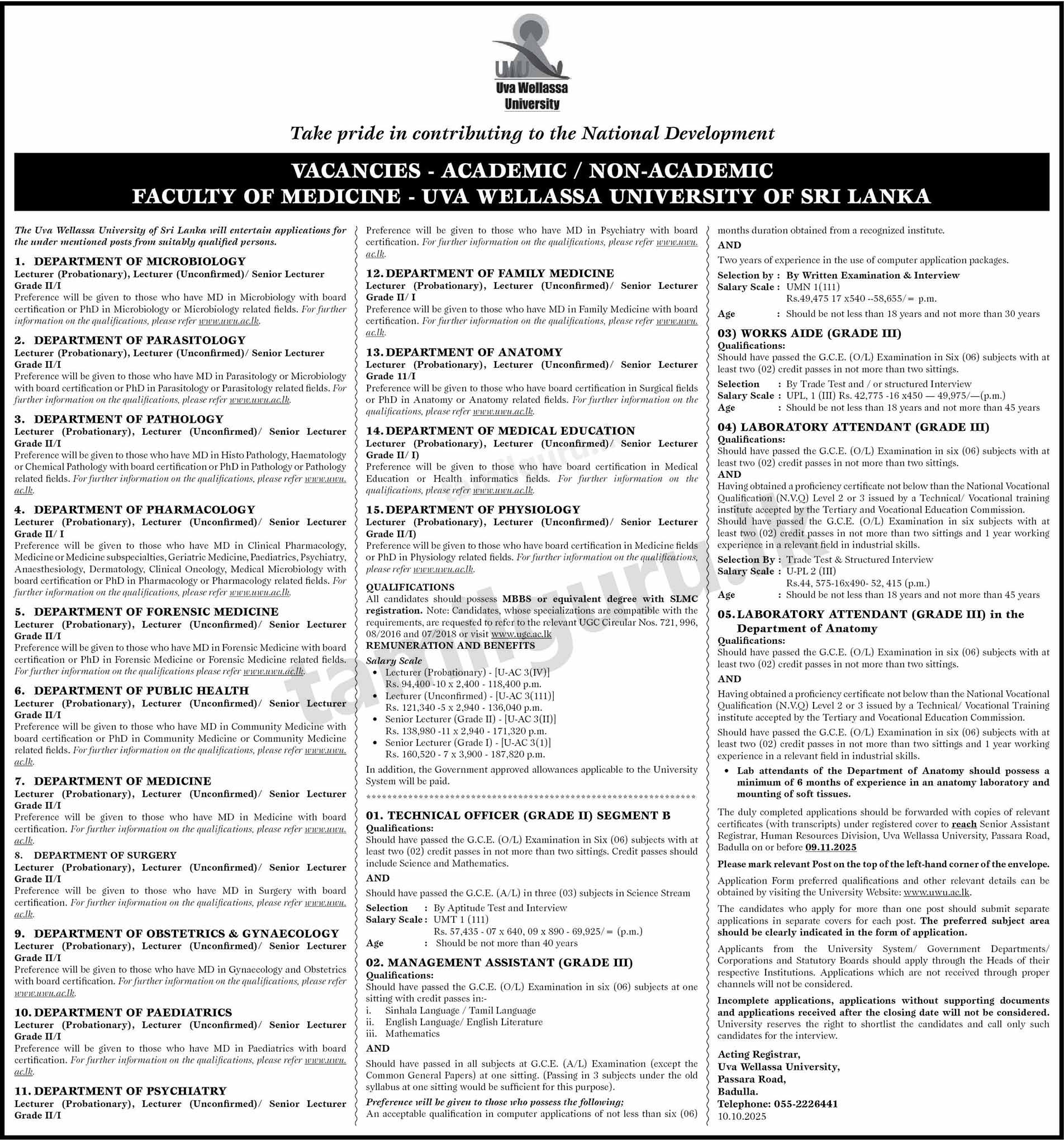 Uva Wellassa University (Faculty of Medicine) Vacancies 2025 October