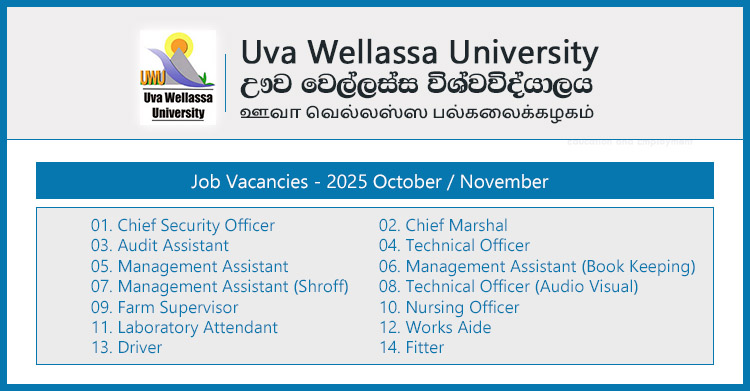 Uva Wellassa University Non-Academic Vacancies 2025 October / November