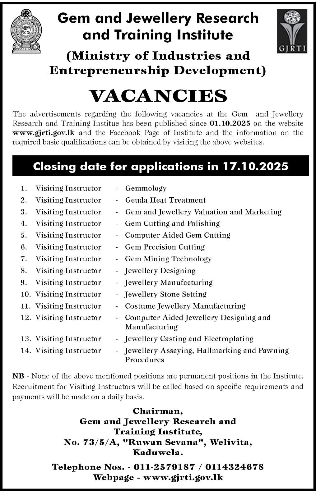 Visiting Instructor Vacancies 2025 - Gem & Jewellery Research & Training institute (GJRTI)