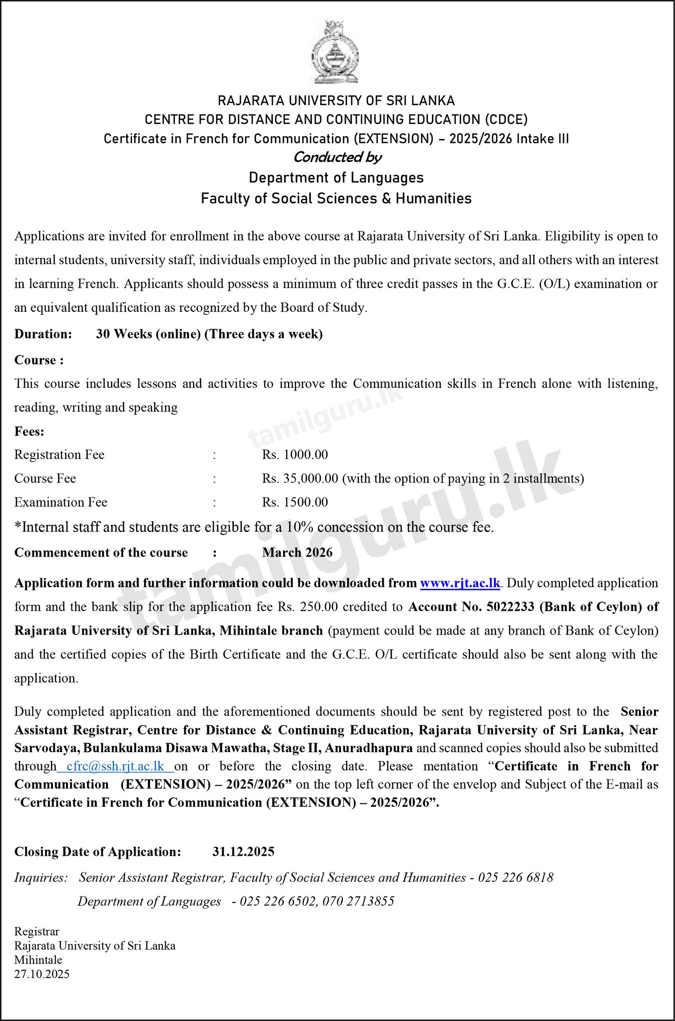 Certificate in French for Communication 2025 - Rajarata University