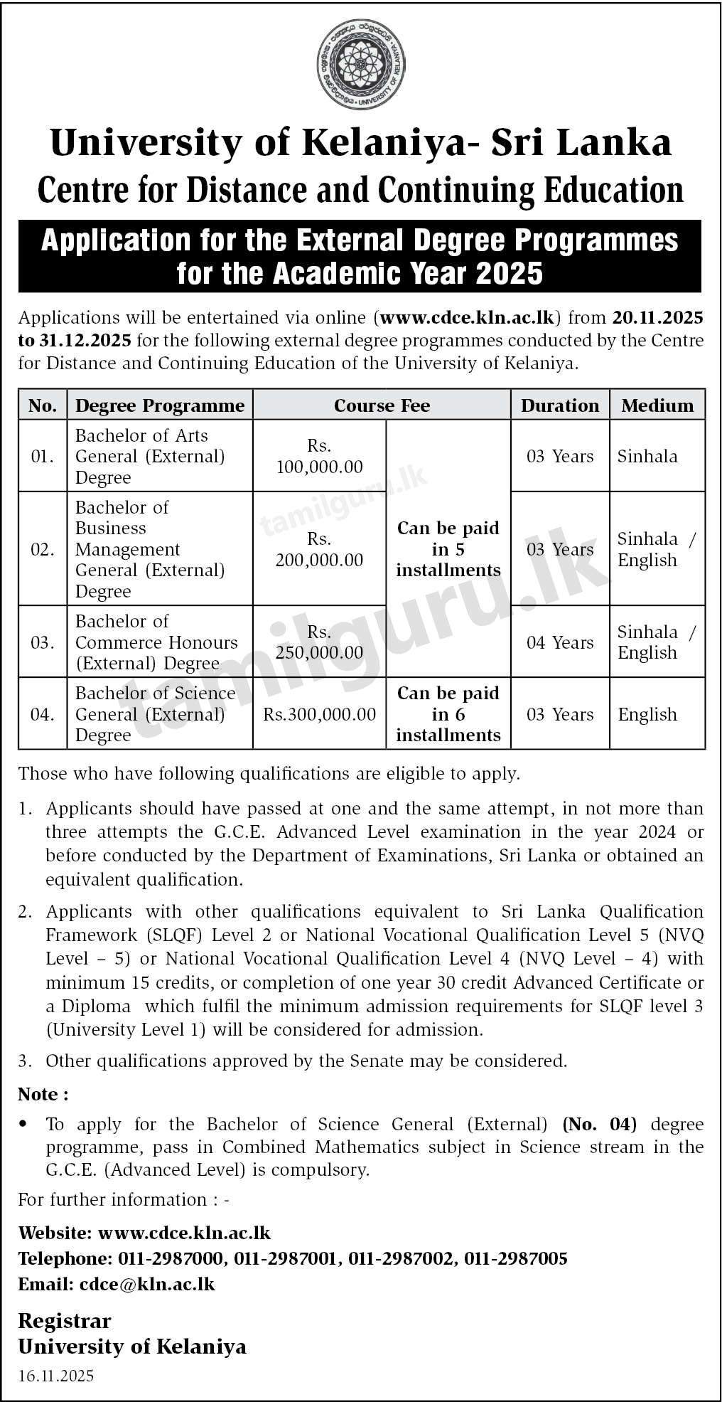 External Degree Programmes (Intake 2025) - University of Kelaniya